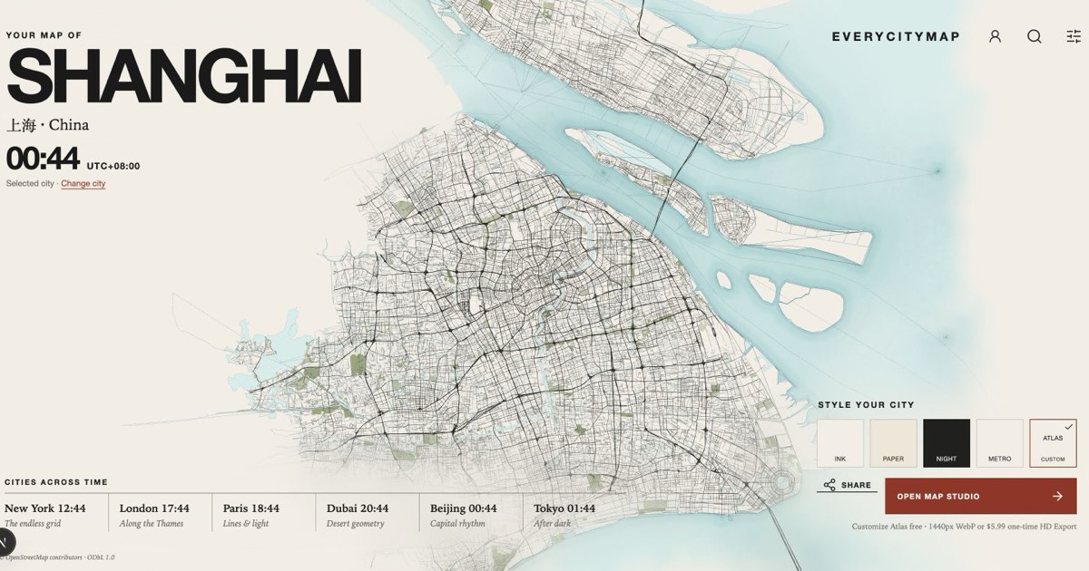 A finished EveryCityMap composition showing Shanghai