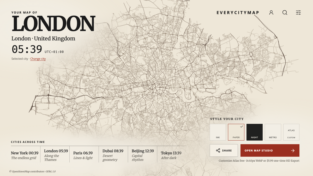 London rendered in the warm Paper theme