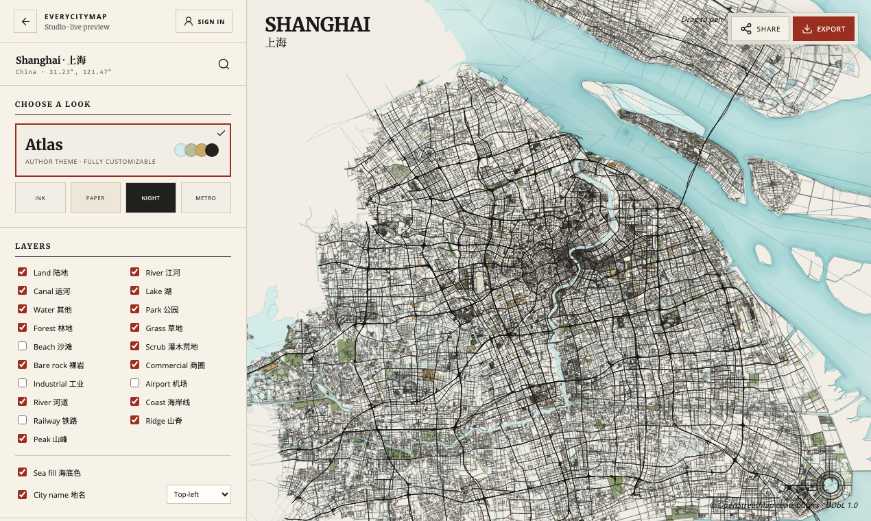 EveryCityMap Studio with Atlas layer controls beside a Shanghai map