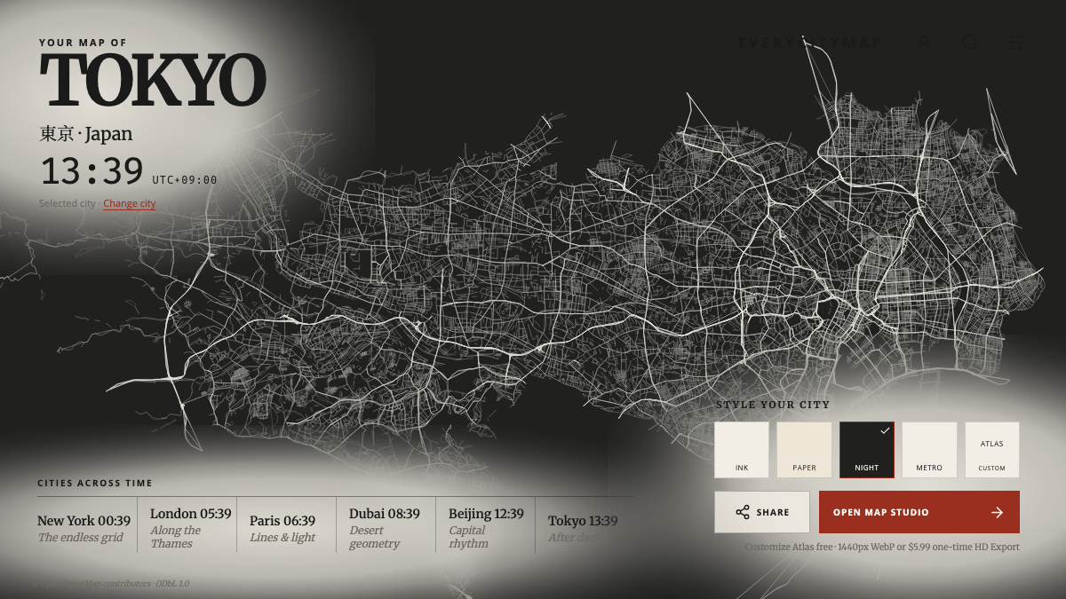 Tokyo rendered in the dark Night theme