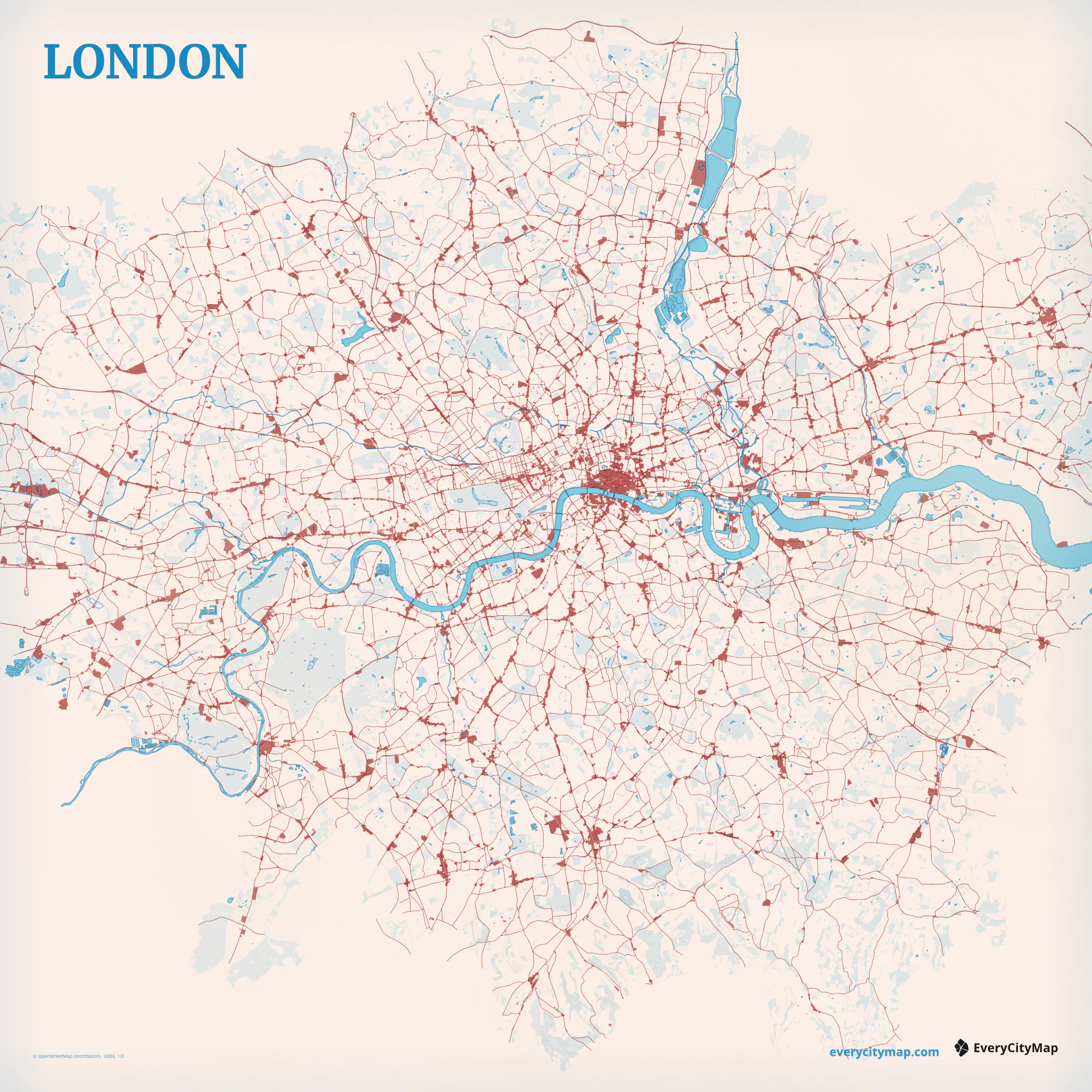 Watercolor map of London with blue pigment around the Thames and detailed streets
