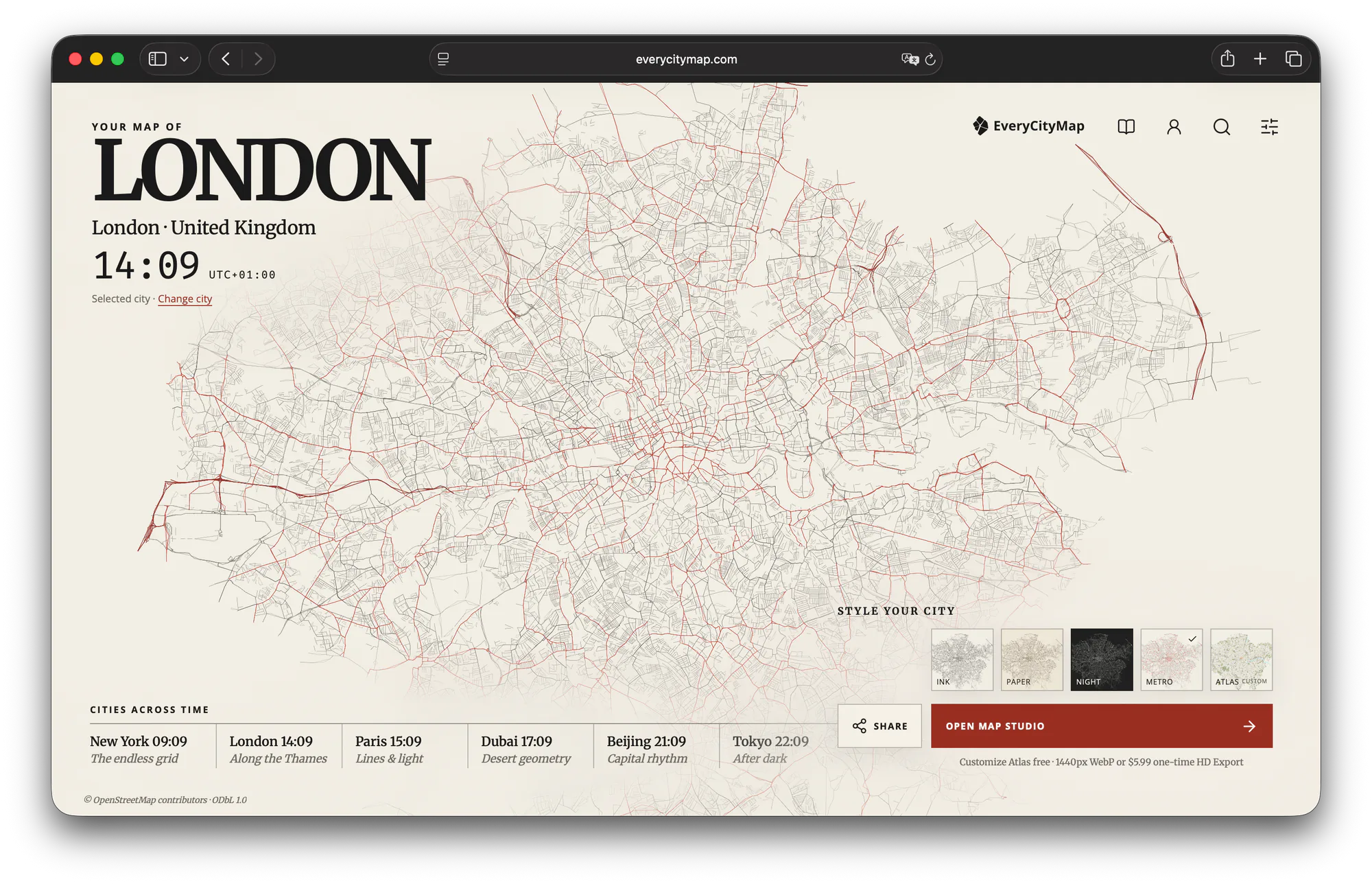 EveryCityMap home page showing London with primary routes highlighted in red