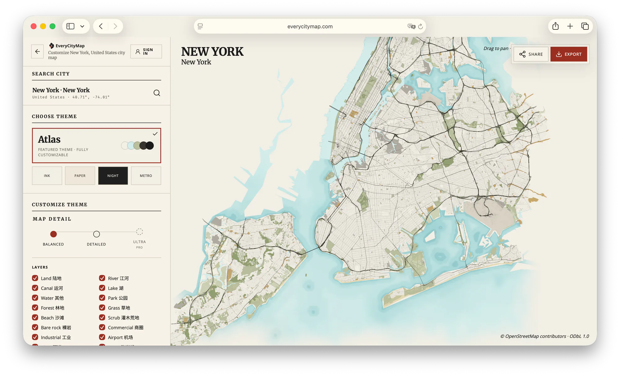 EveryCityMap Studio displaying New York with editable Atlas map layers