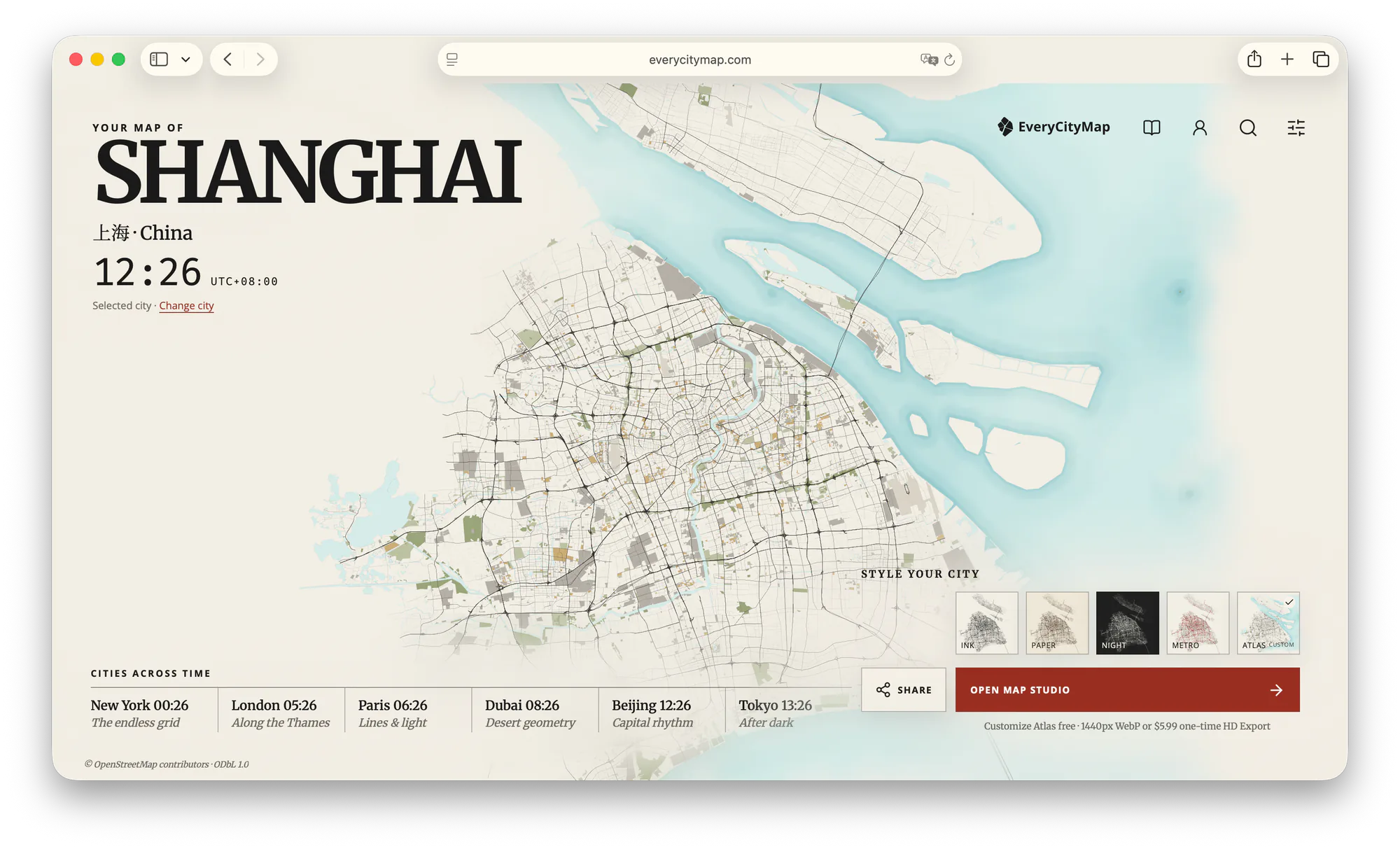 EveryCityMap home page showing Shanghai in the Atlas theme
