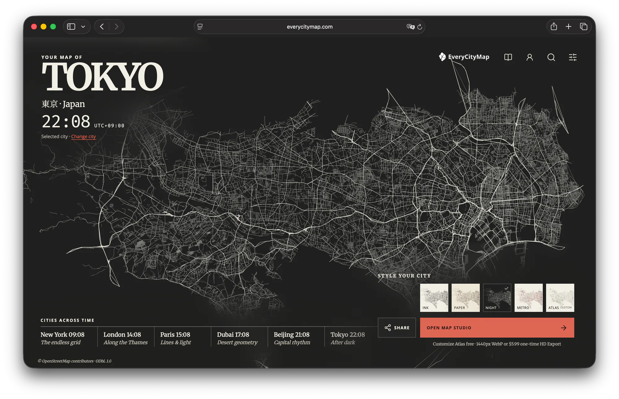 EveryCityMap home page showing Tokyo in the dark Night theme