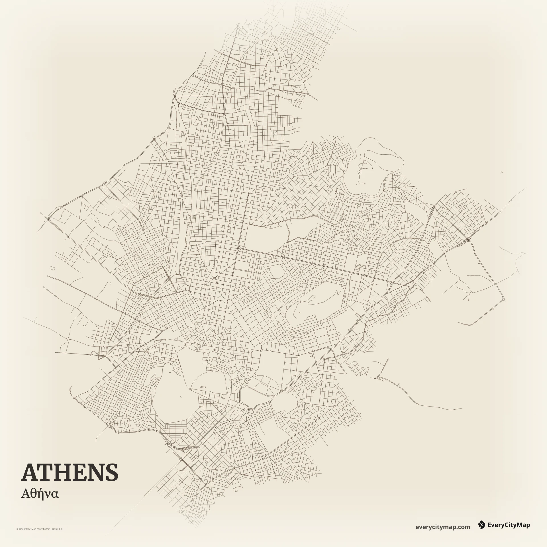 Athens map showing central hills, dense basin streets, radial avenues, open spaces, and southern coast