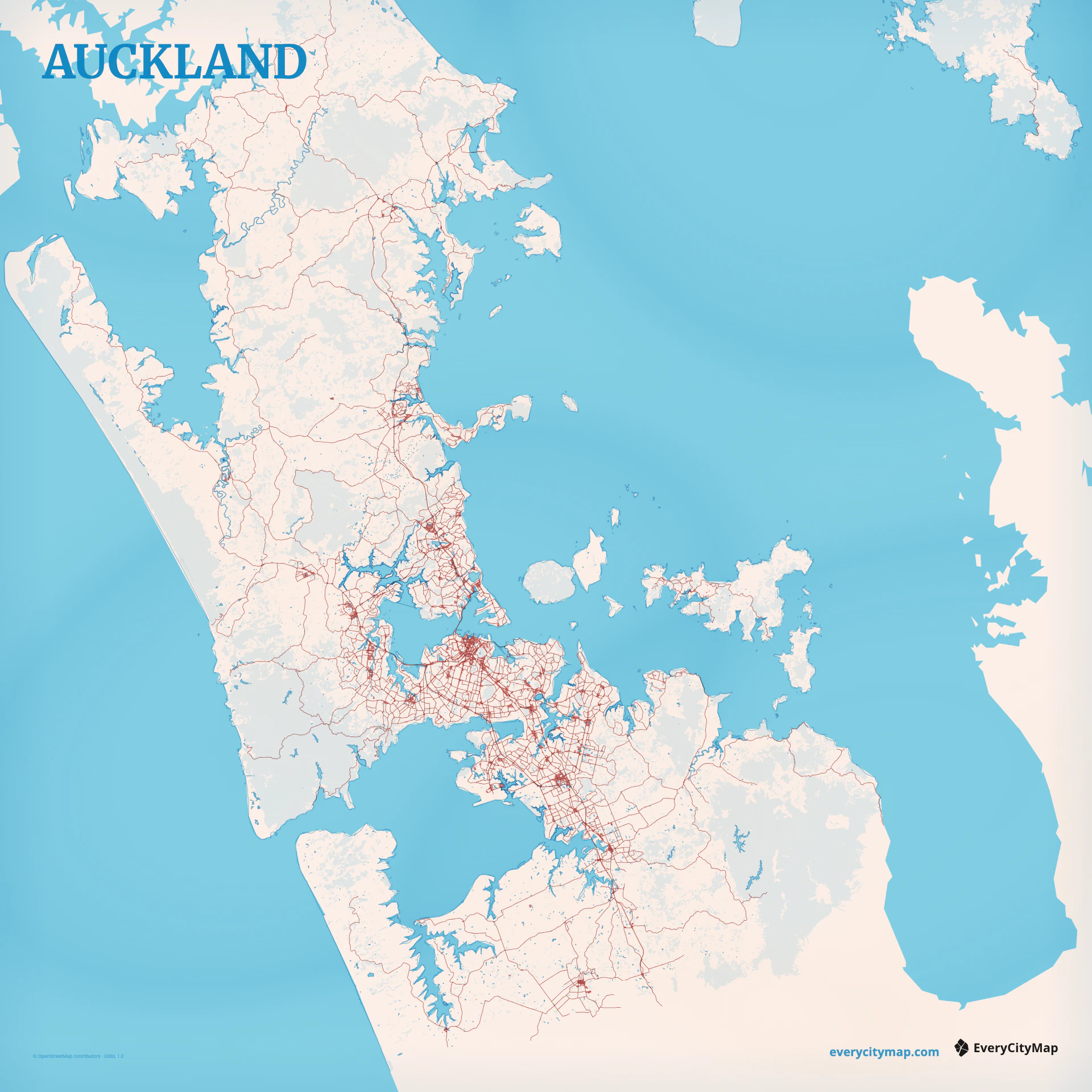 Auckland map showing Waitematā Harbour, Manukau Harbour, isthmus roads, and volcanic gaps