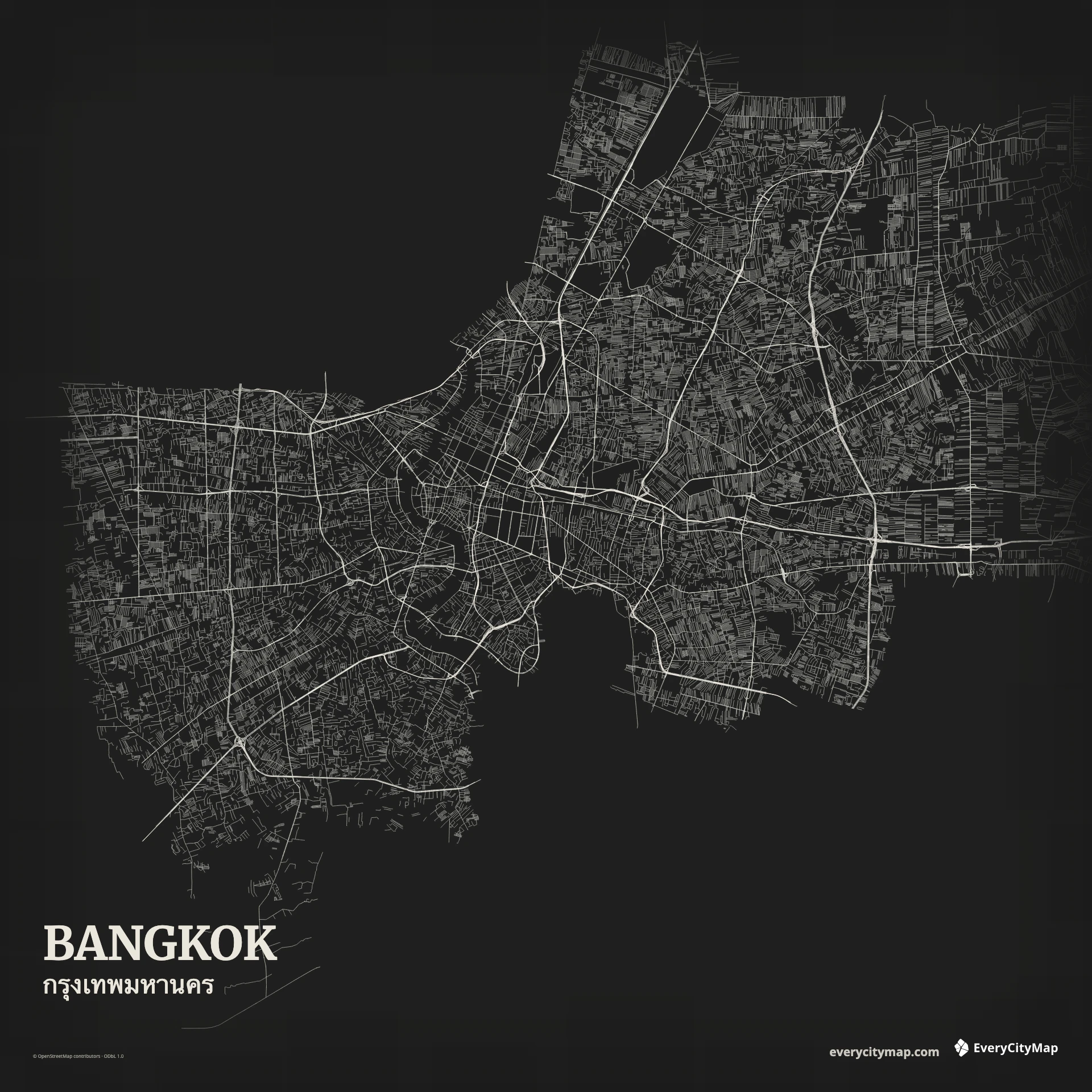 Bangkok map showing Chao Phraya River, canals, expressway loops, dense streets, and large urban blocks
