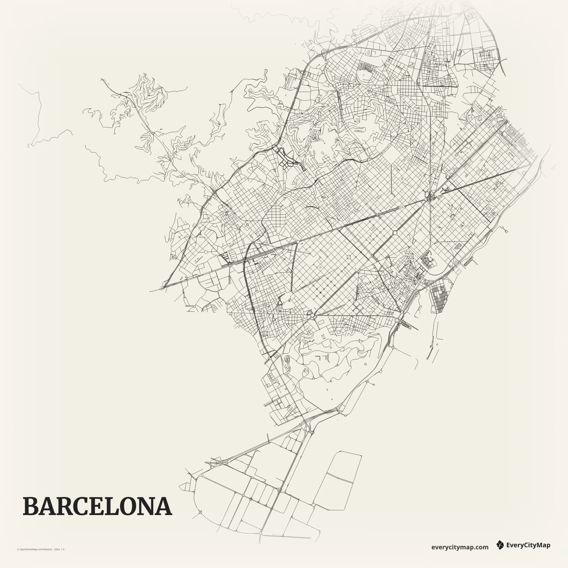 Barcelona map with Eixample grid, old city, coast, and hills