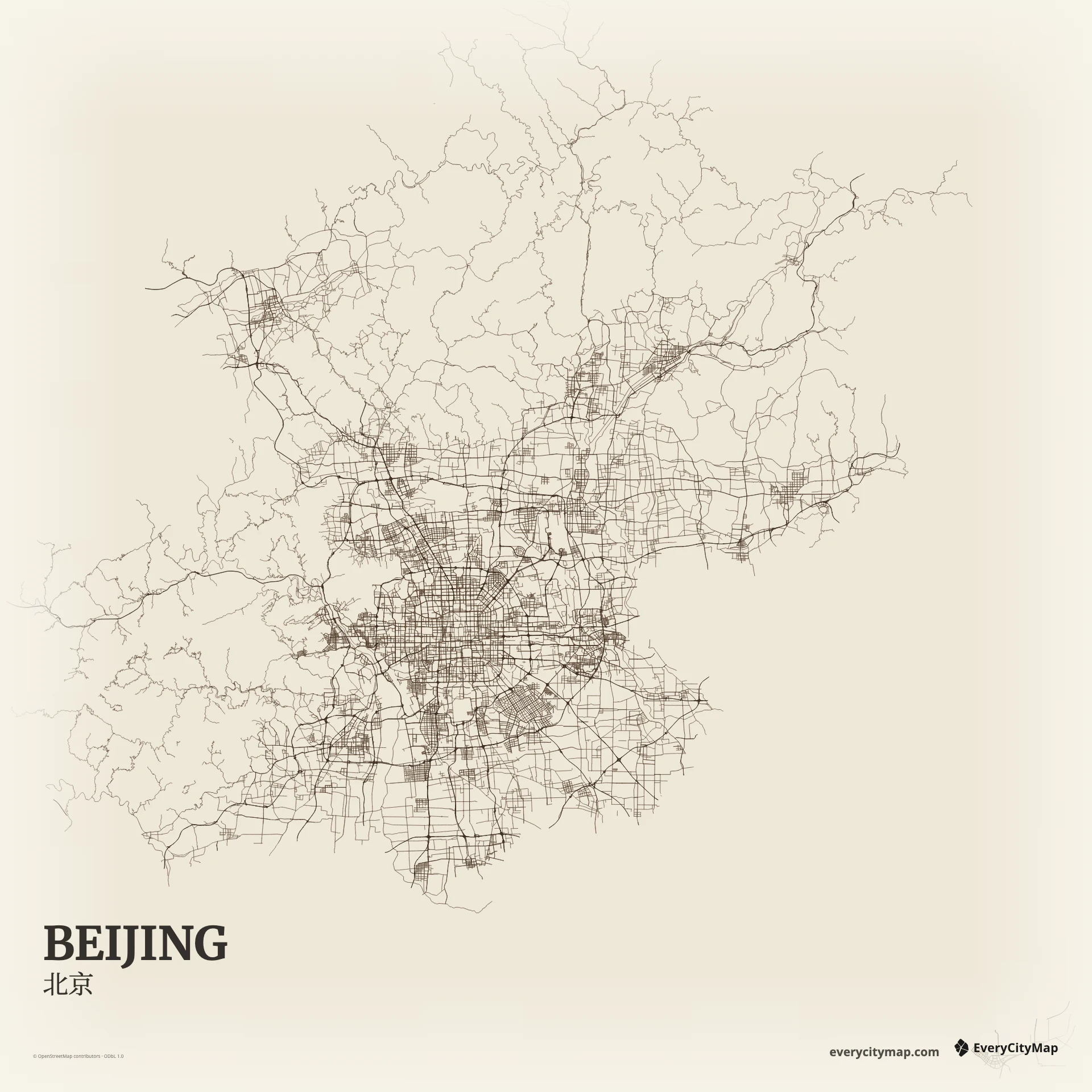 Beijing map showing central axis, ring roads, neighborhood grain, and northern hill edge