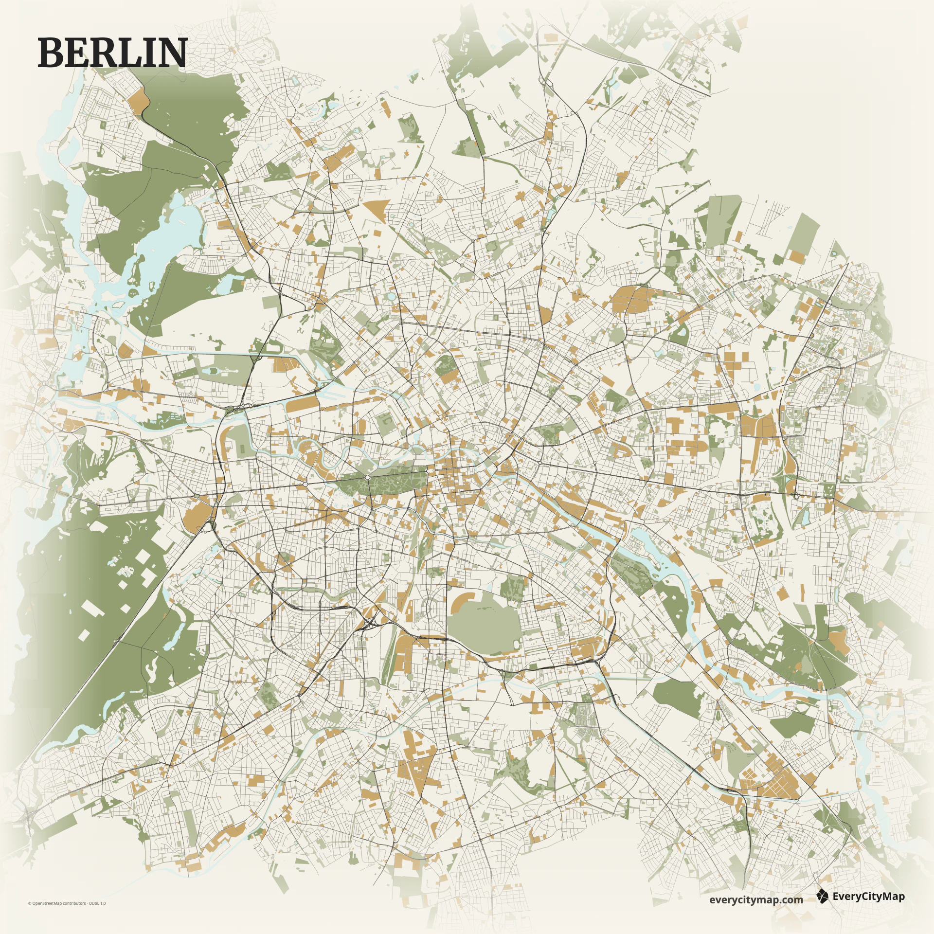 Berlin map with the Spree, canals, parks, and polycentric roads