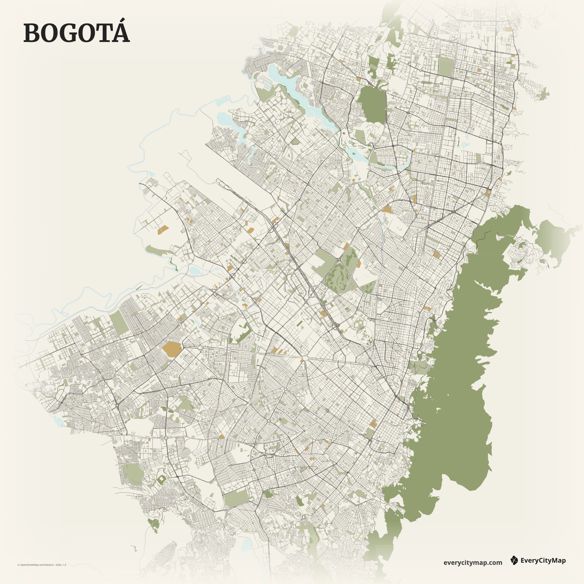 Bogotá map showing eastern mountain edge, long urban grid, major corridors, and open western plain