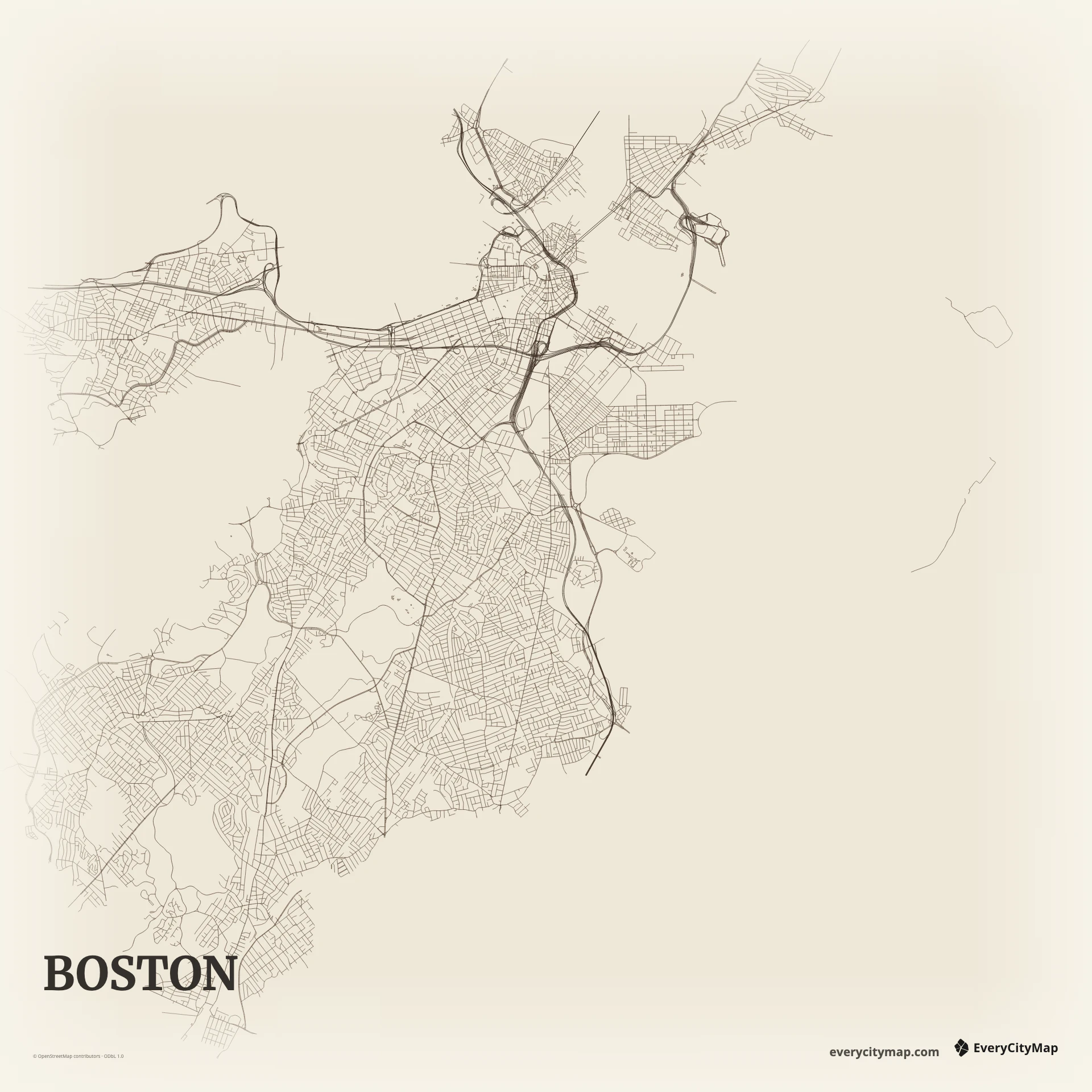 Boston map showing Boston Harbor, Charles River, irregular center, neighborhood grids, and parkways