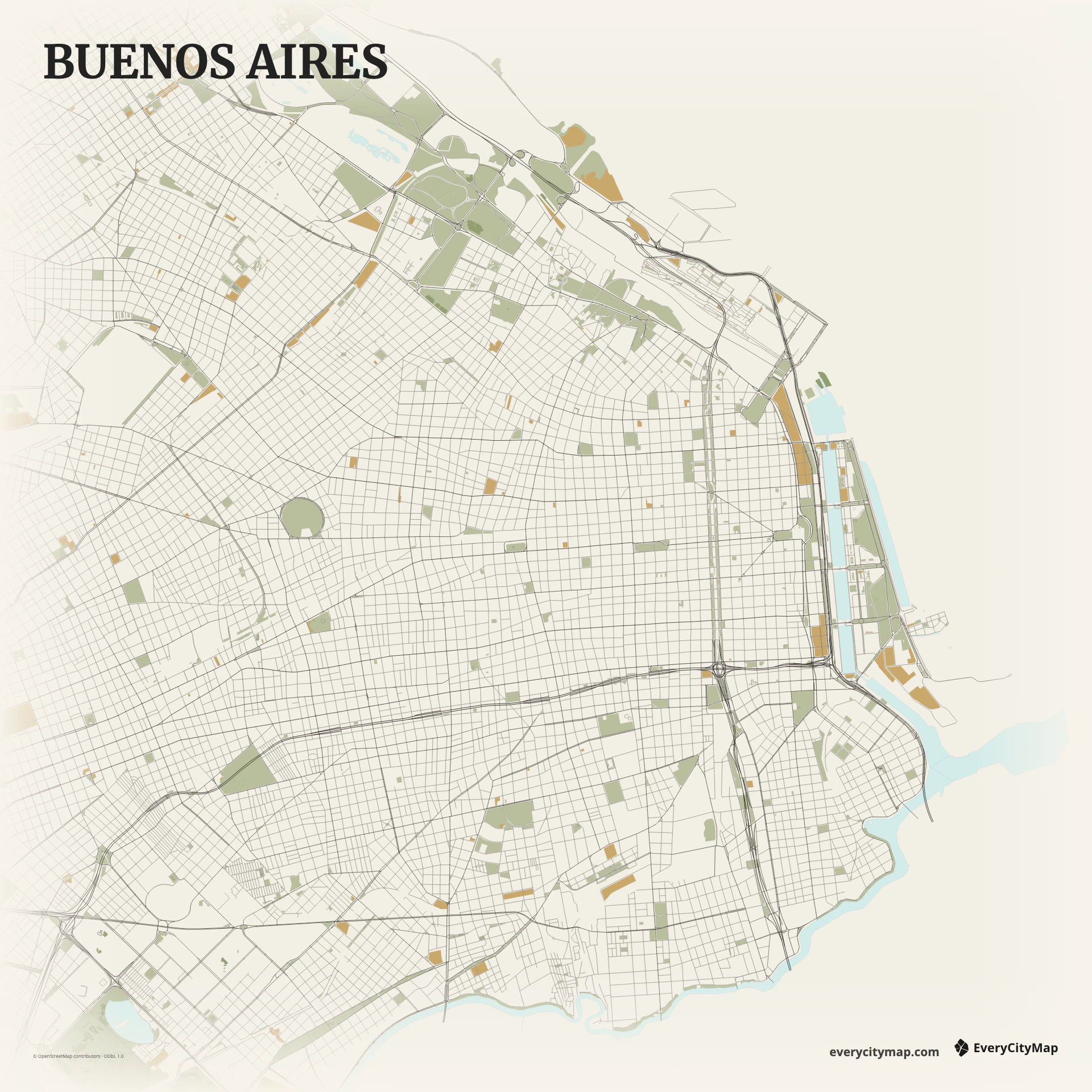 Buenos Aires map showing Río de la Plata edge, avenue grid, port districts, and radial corridors
