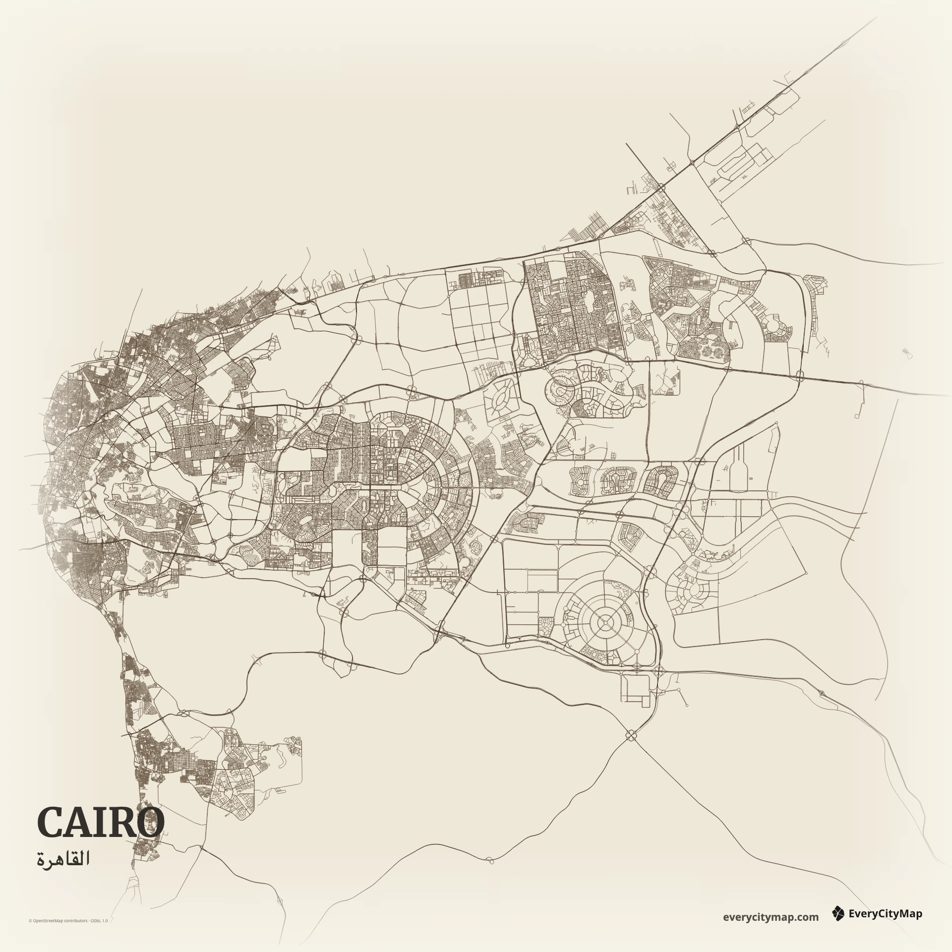 Cairo map showing Nile River, central islands, dense east-bank streets, and desert expansion