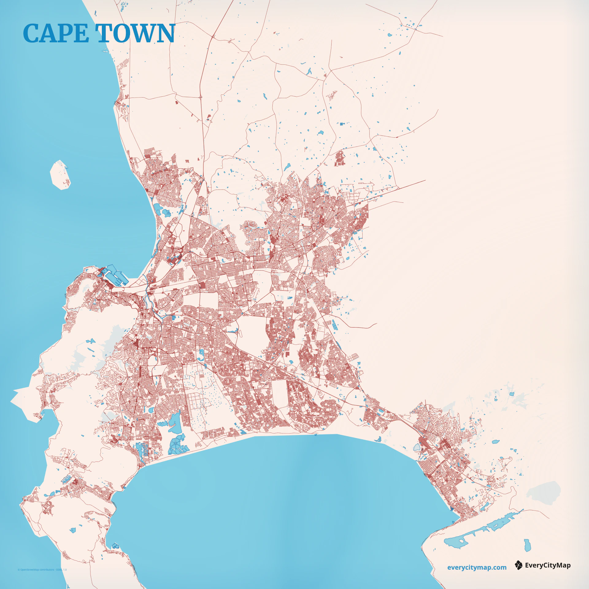 Cape Town map showing Table Mountain, Table Bay, Atlantic shoreline, and terrain-shaped roads