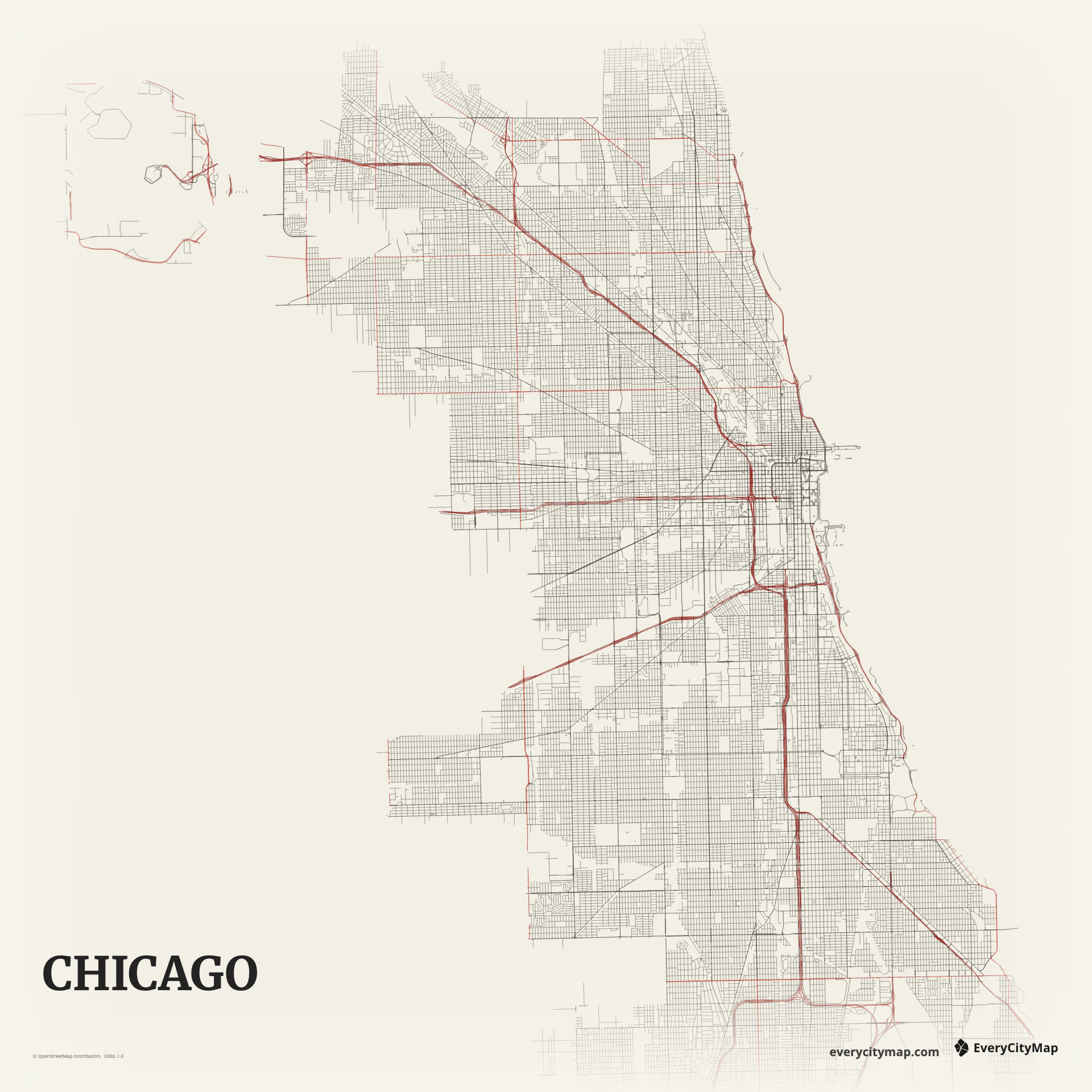 Chicago map showing Lake Michigan shore, Chicago River, rectilinear grid, rail lines, and diagonal avenues