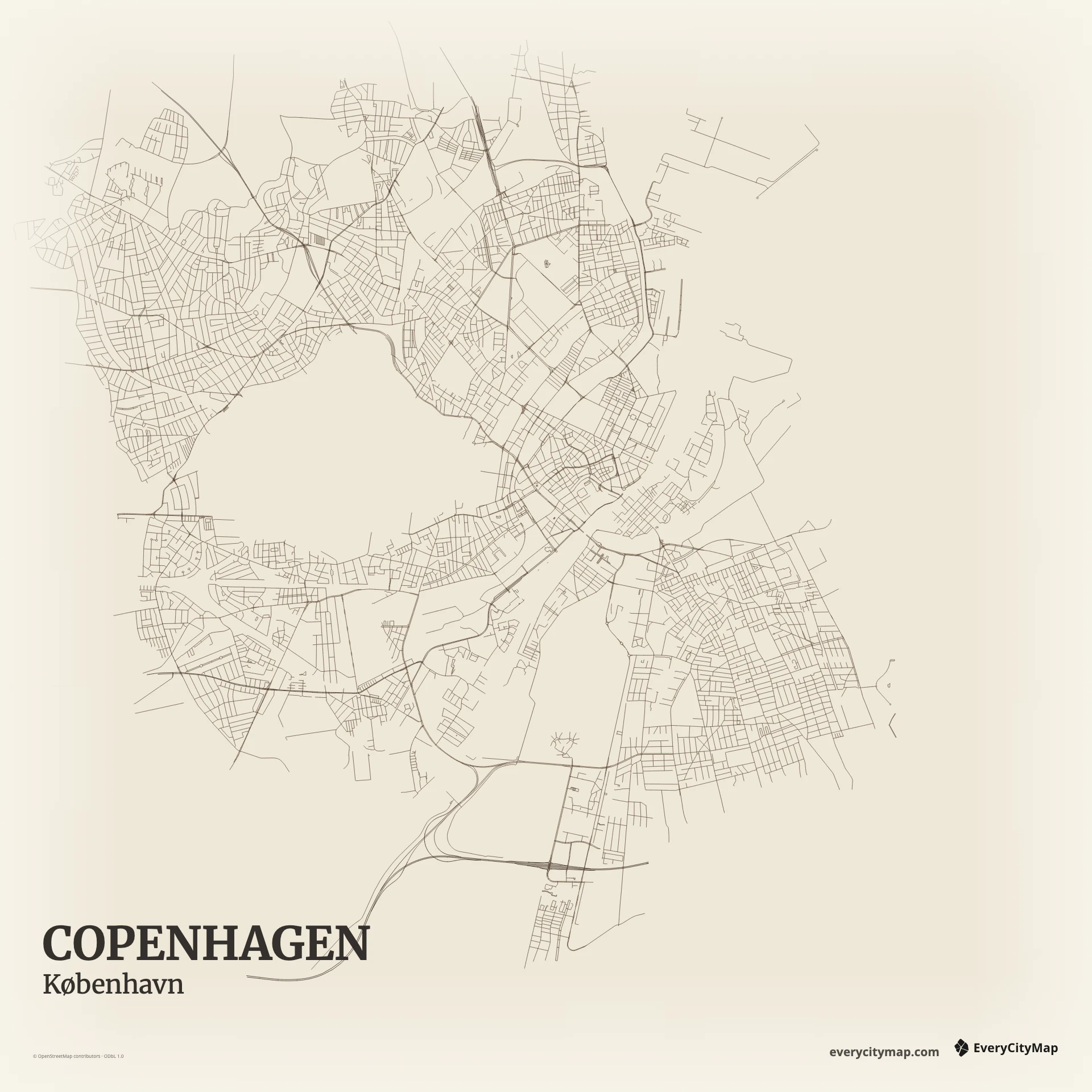 Copenhagen map showing inner harbor, canals, radial streets, compact grids, and Øresund coast