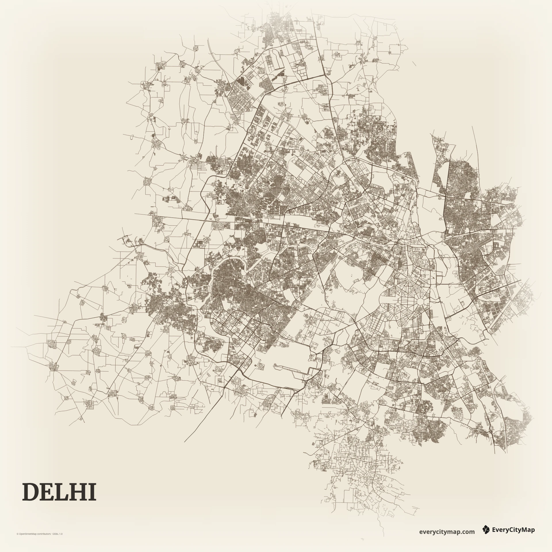 Delhi map showing Yamuna River, Old Delhi grain, New Delhi avenues, ring roads, and expanding districts