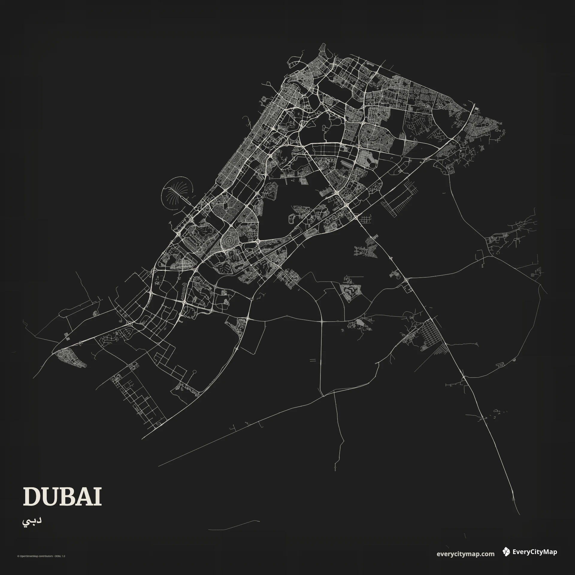 Dubai map with Gulf coast, Creek, islands, and highway corridors