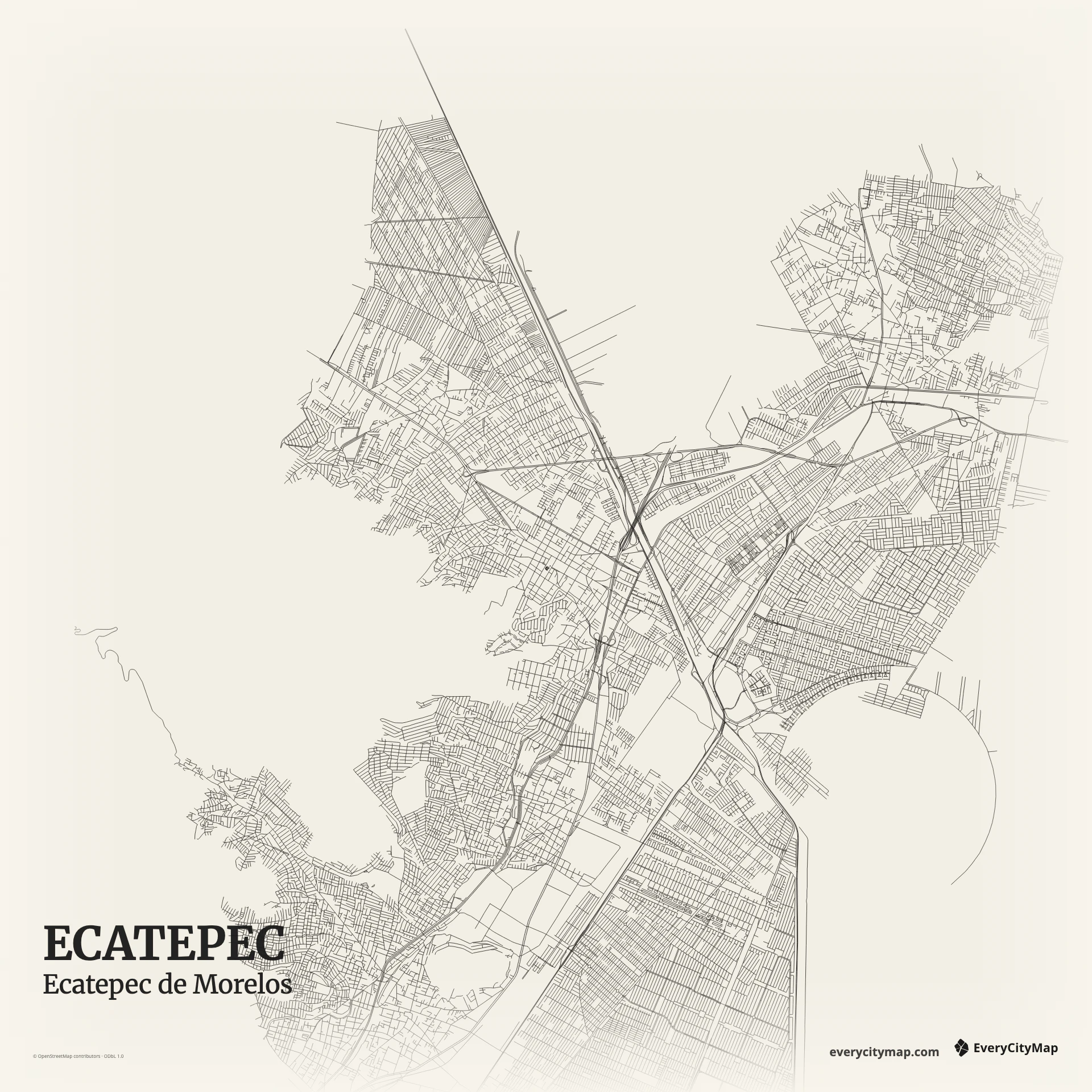 Ecatepec de Morelos map with dense streets and mountain edge