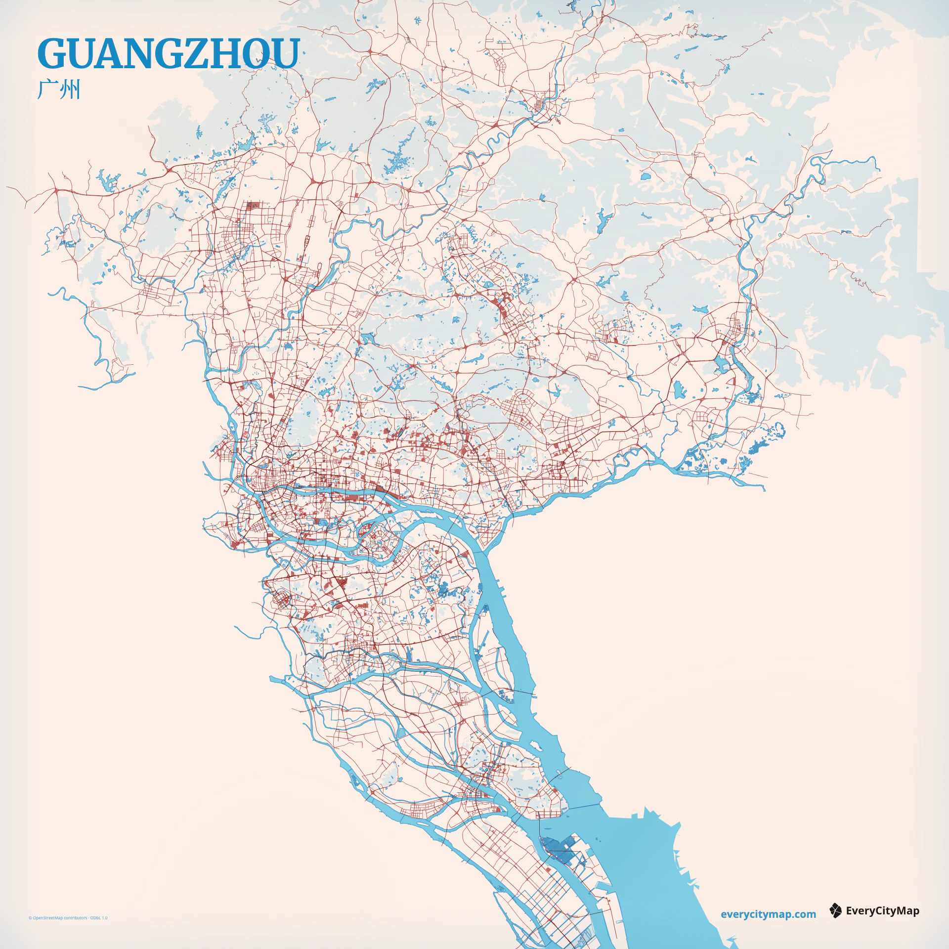 Guangzhou map showing Pearl River branches, islands, dense roads, and regional expressway arcs