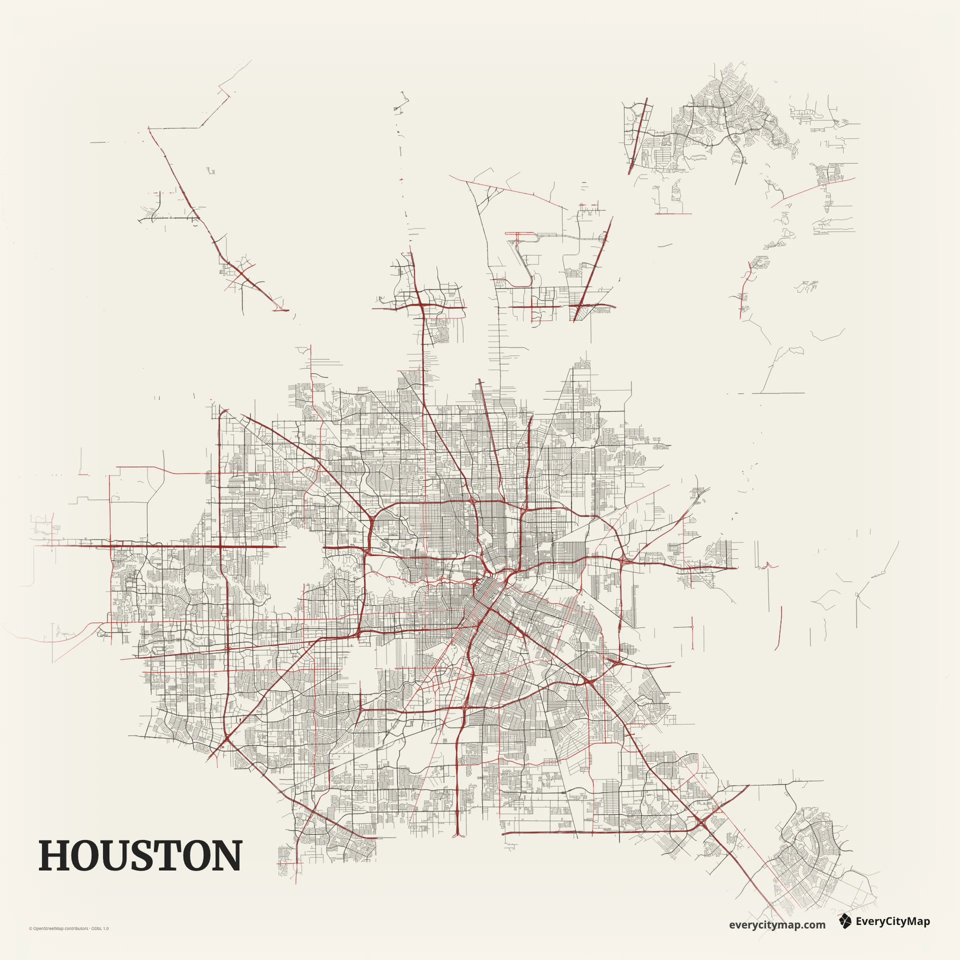Houston map showing freeway loops, radial highways, bayous, and changing suburban grids