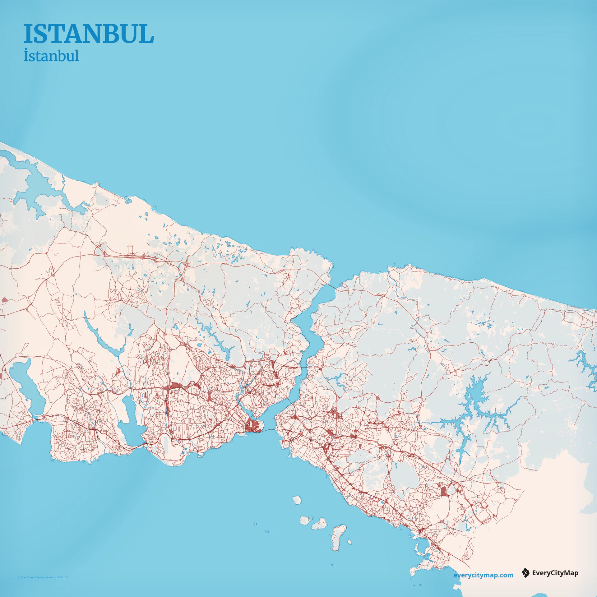Istanbul map showing Bosphorus, Golden Horn, Marmara coast, hills, bridges, and two-continent road networks