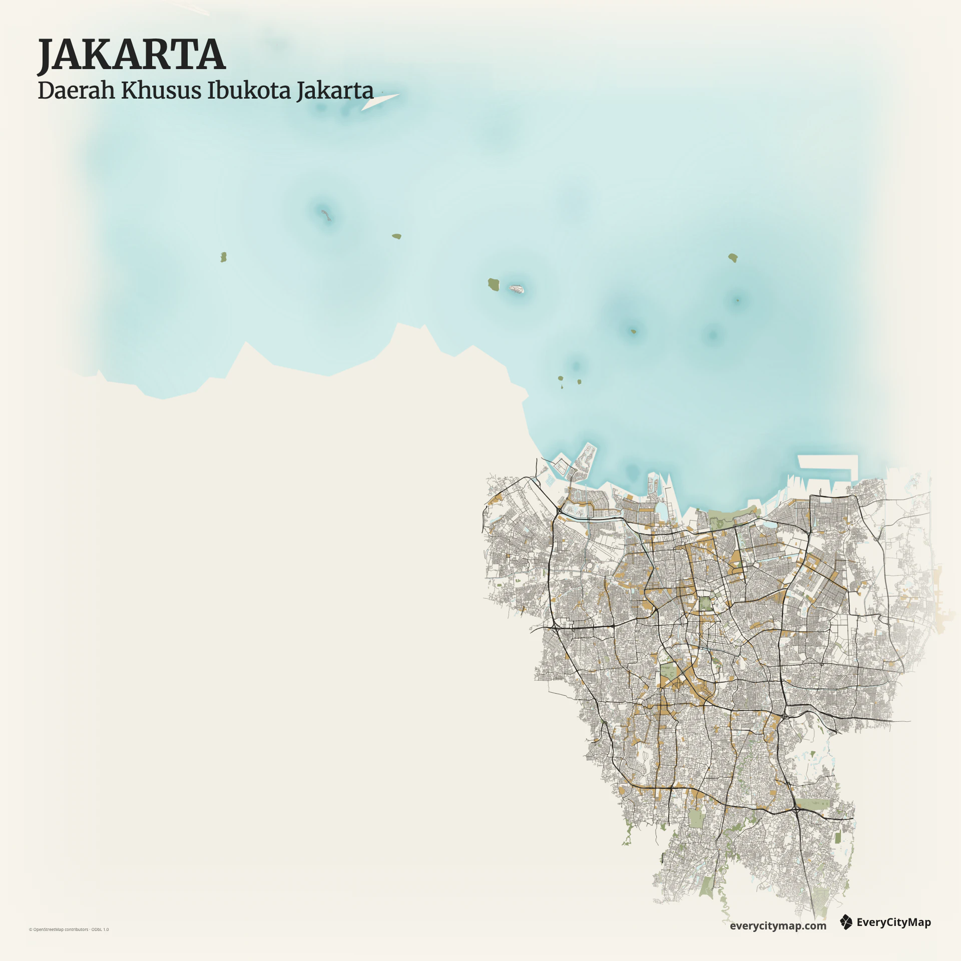 Jakarta map showing Java Sea edge, rivers, canals, dense streets, and regional toll-road arcs