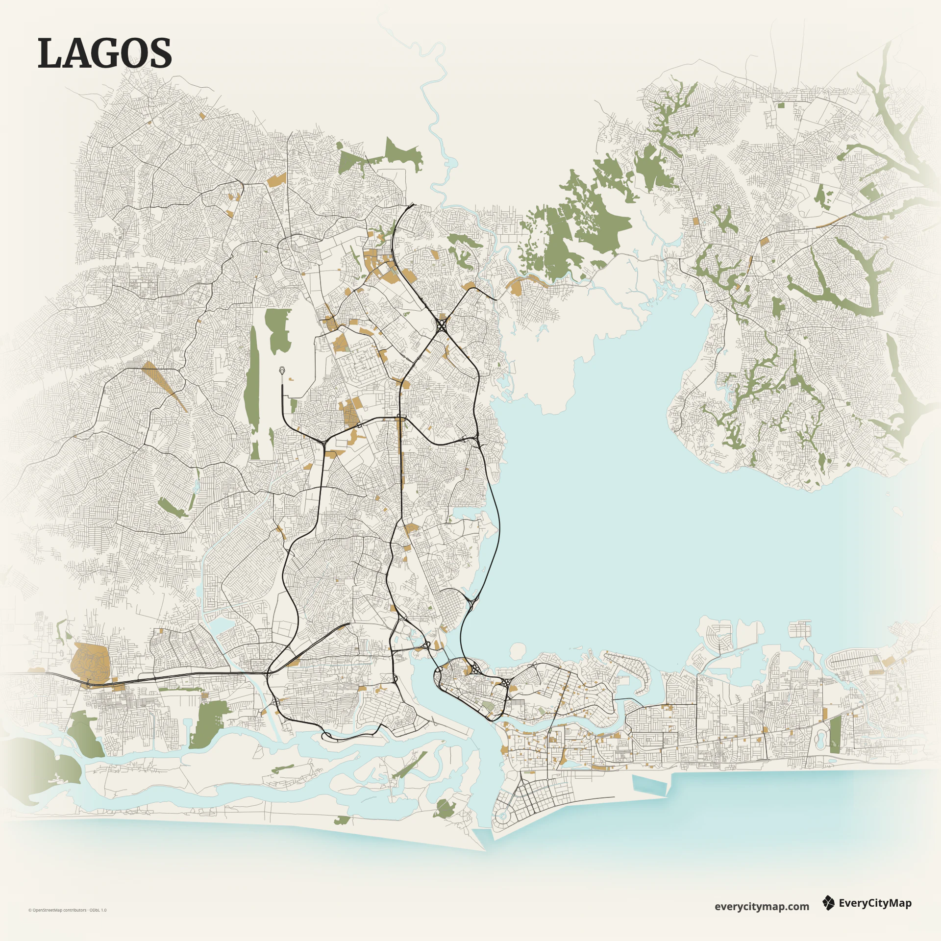 Lagos map showing Lagos Lagoon, islands, bridge corridors, Atlantic edge, and mainland streets