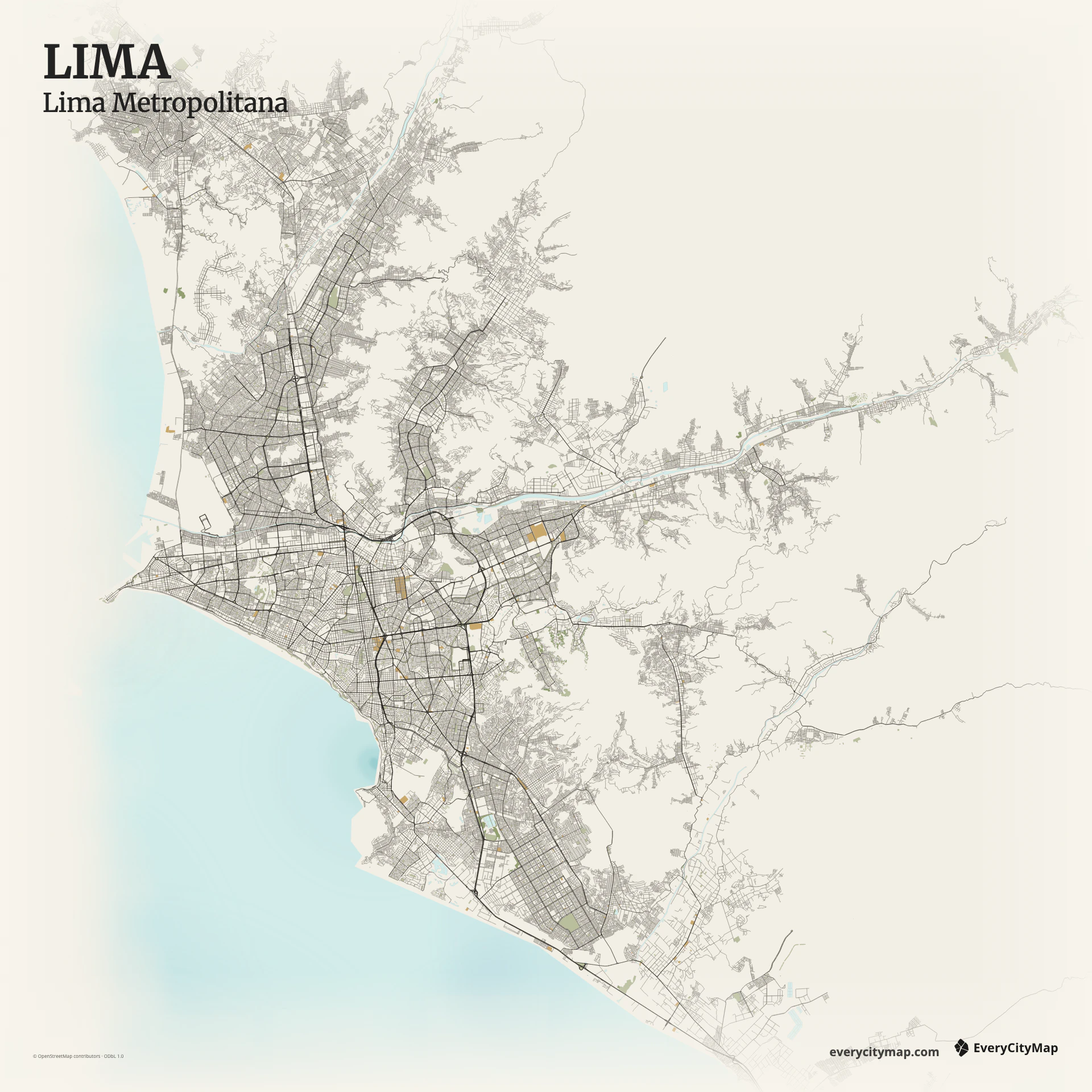 Lima map showing Pacific cliffs, coastal districts, river valleys, arterial grid, and desert edge