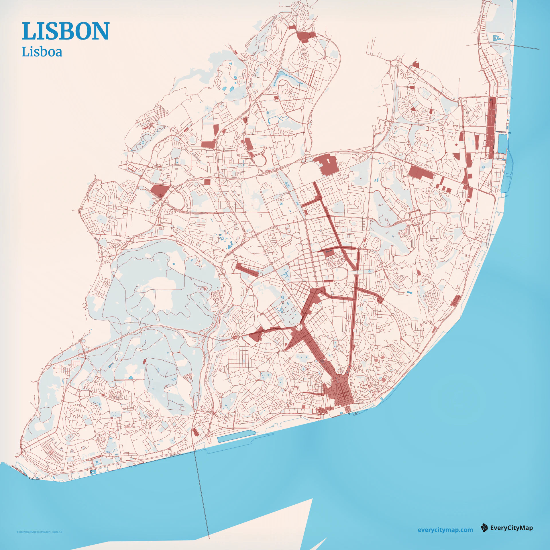 Lisbon map showing Tagus estuary, steep hills, irregular center, waterfront grid, and bridge approaches