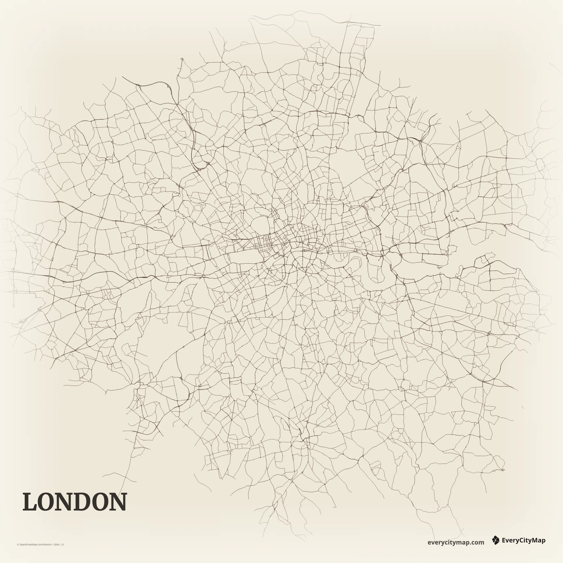London map with the Thames, canals, parks, and irregular streets