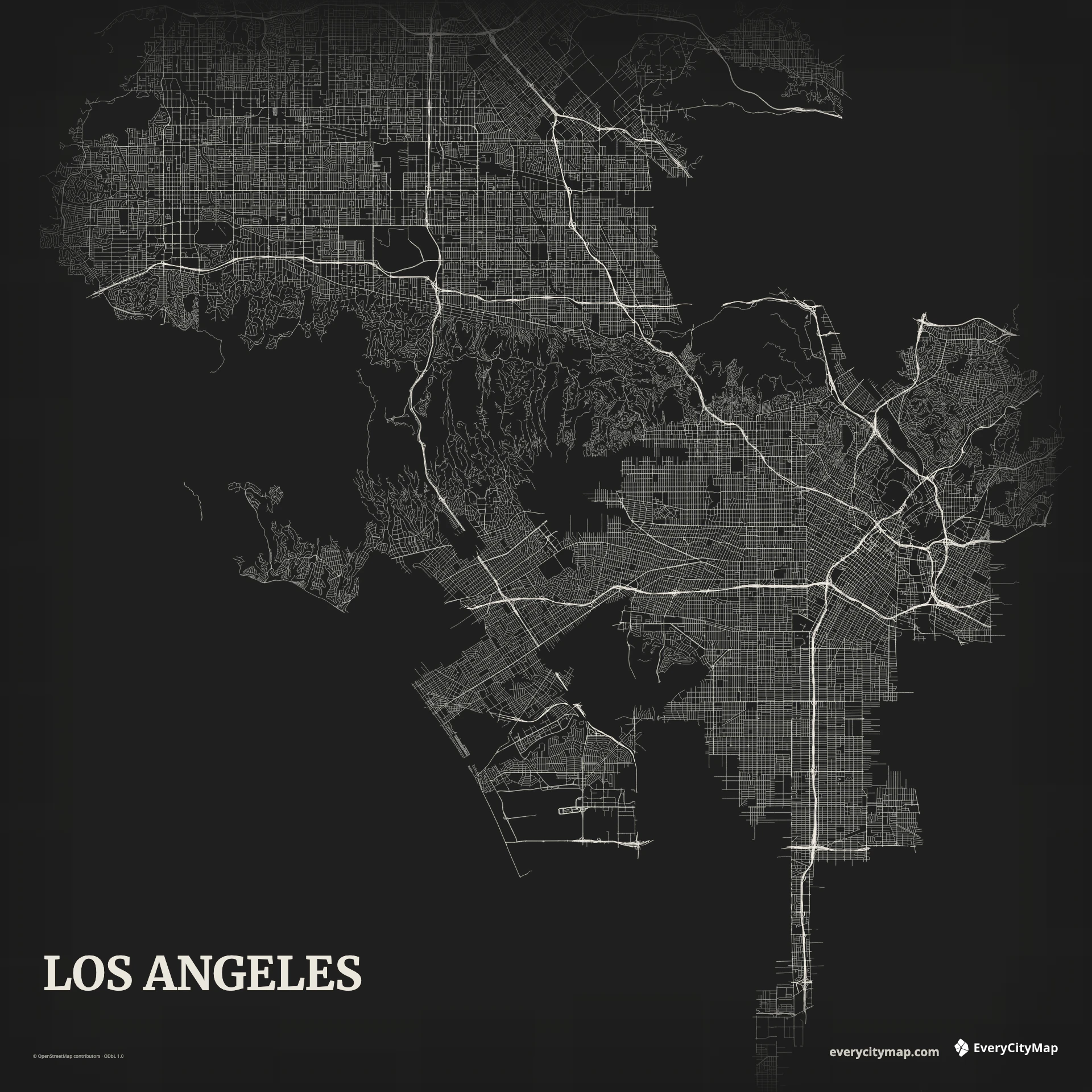 Los Angeles map with freeways, basin grids, hills, and Pacific coast