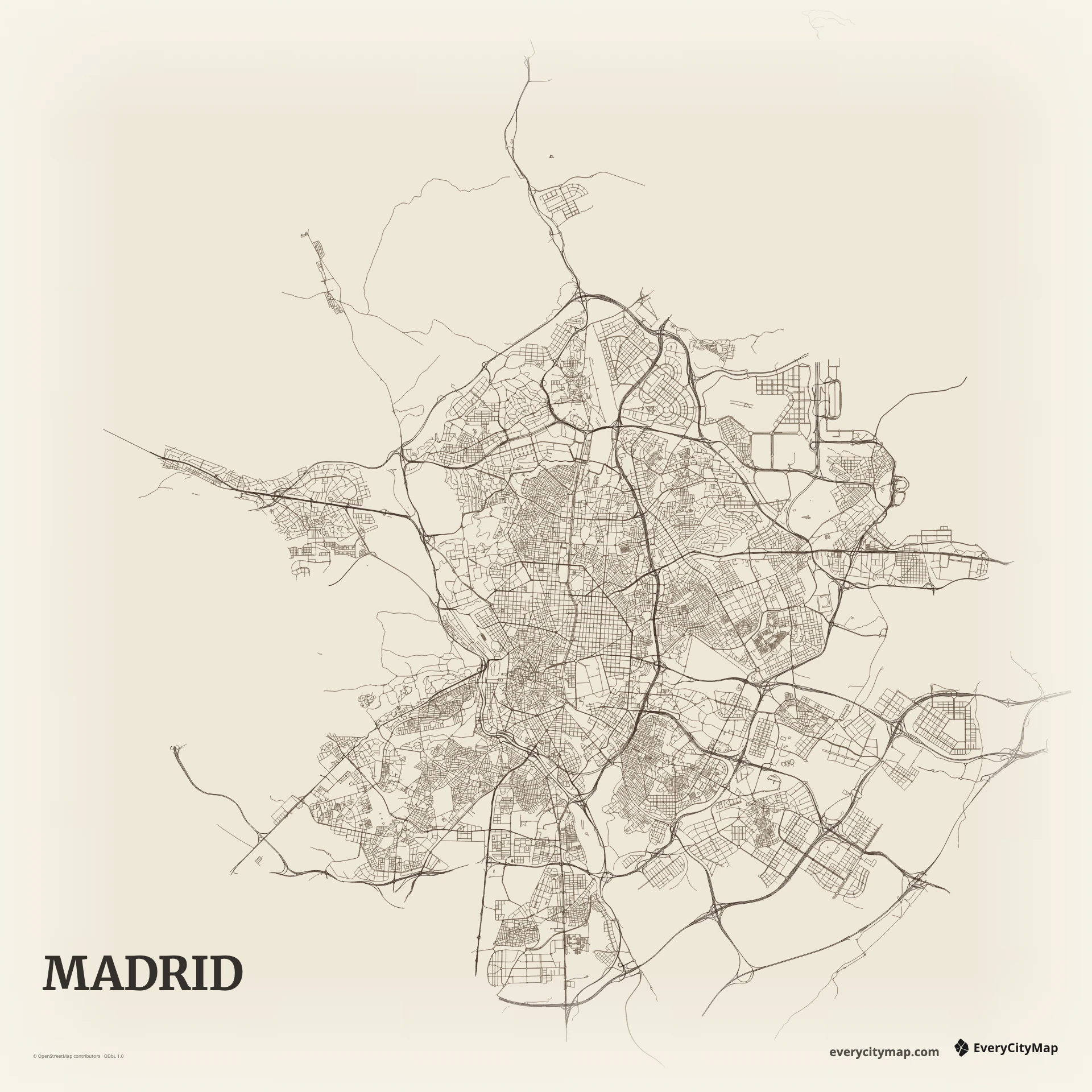 Madrid map showing radial avenues, ring roads, historic street grain, and Manzanares corridor