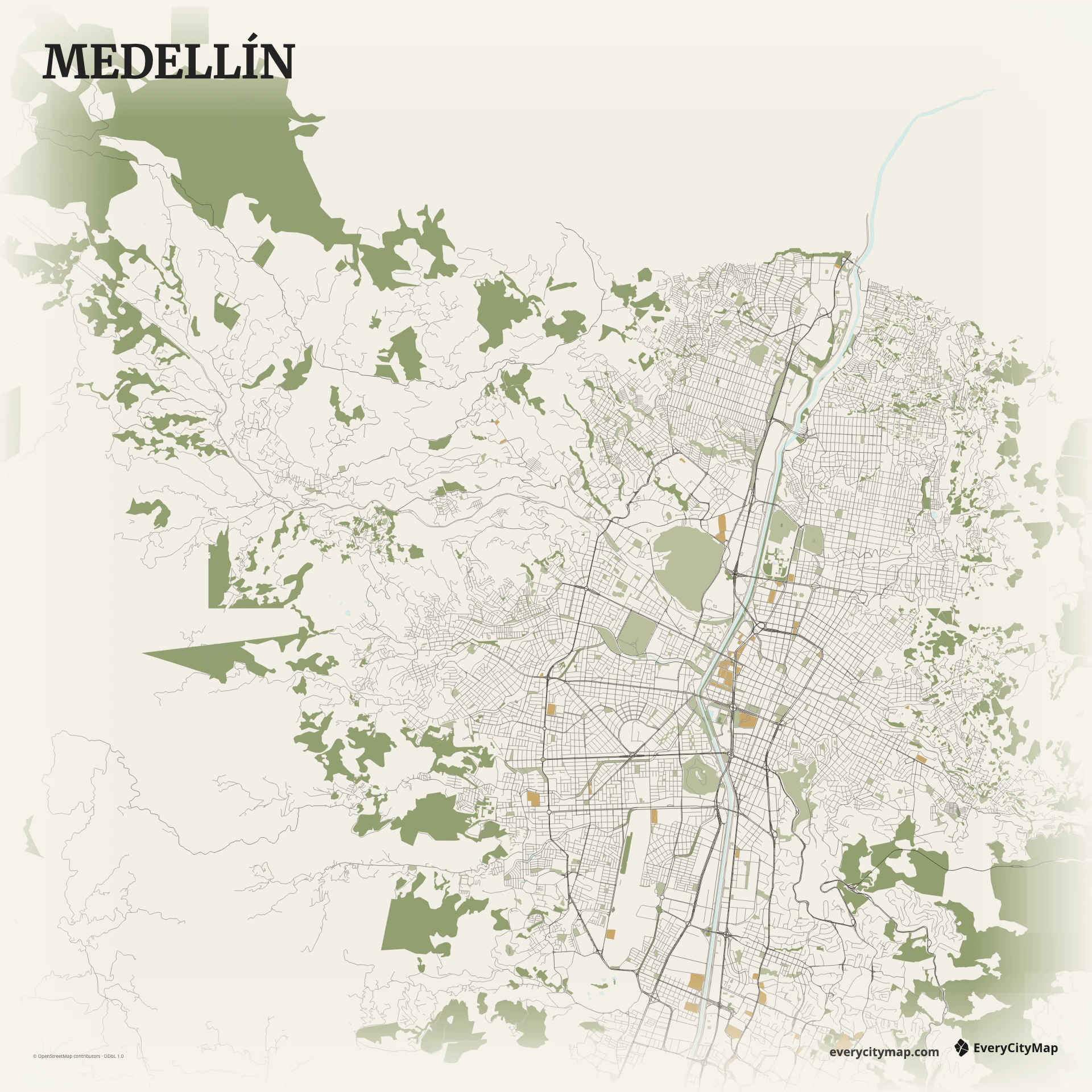 Medellín map showing Aburrá Valley, Medellín River, rail spine, hillside roads, and linear districts