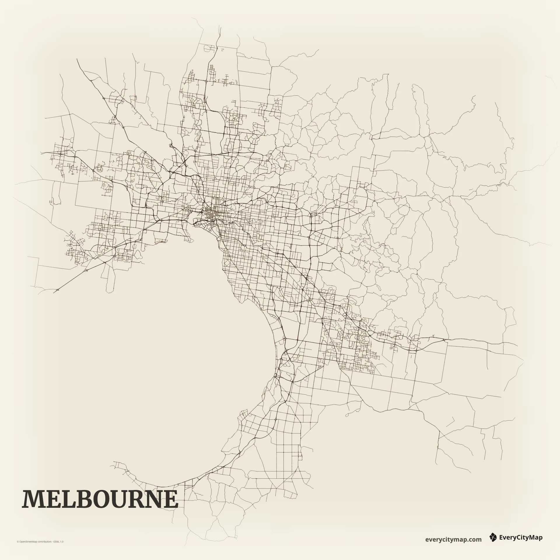 Melbourne map showing Hoddle Grid, Yarra River, Port Phillip edge, and suburban street patterns
