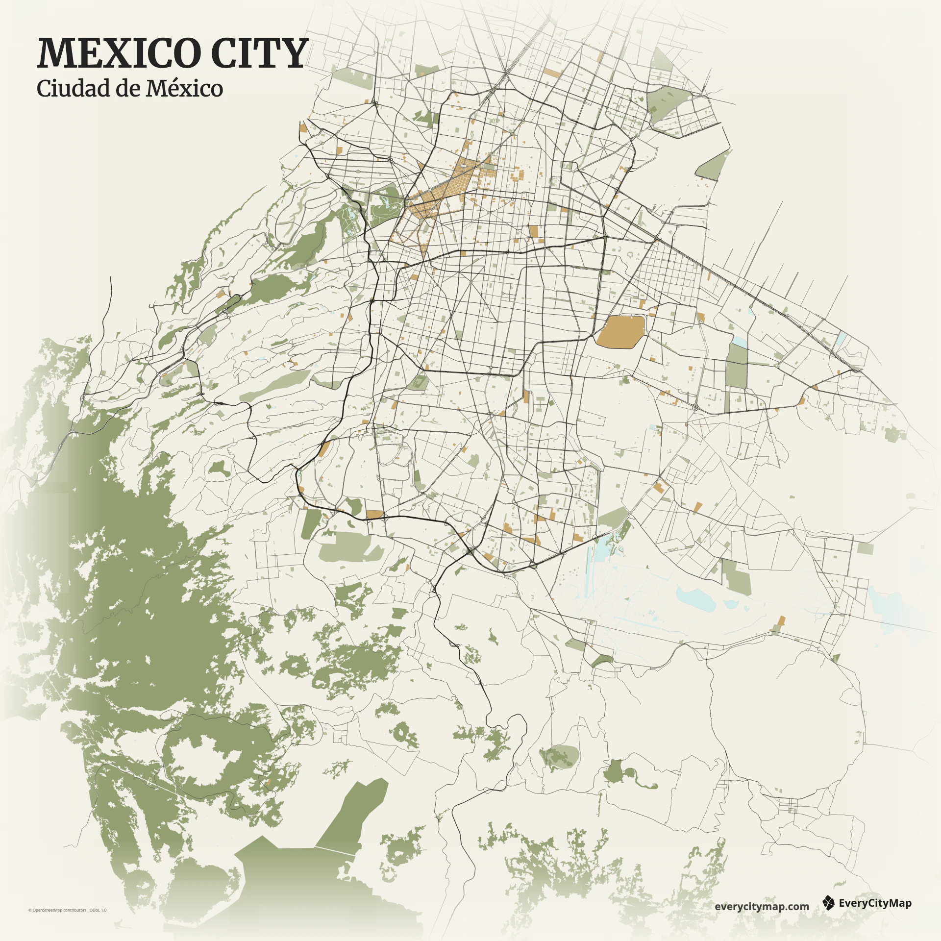 Mexico City map showing basin grid, radial avenues, ring roads, mountain edge, and large open spaces