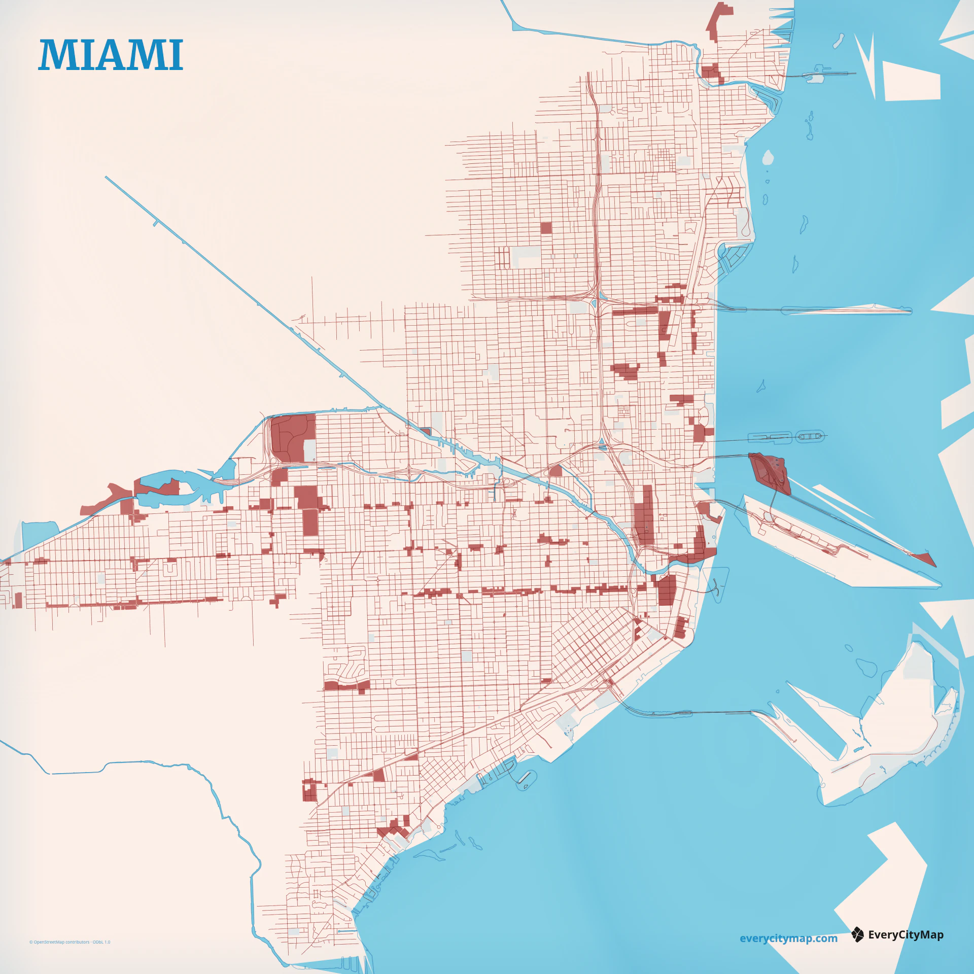 Miami map showing Biscayne Bay, barrier islands, canals, causeways, and coastal street grids
