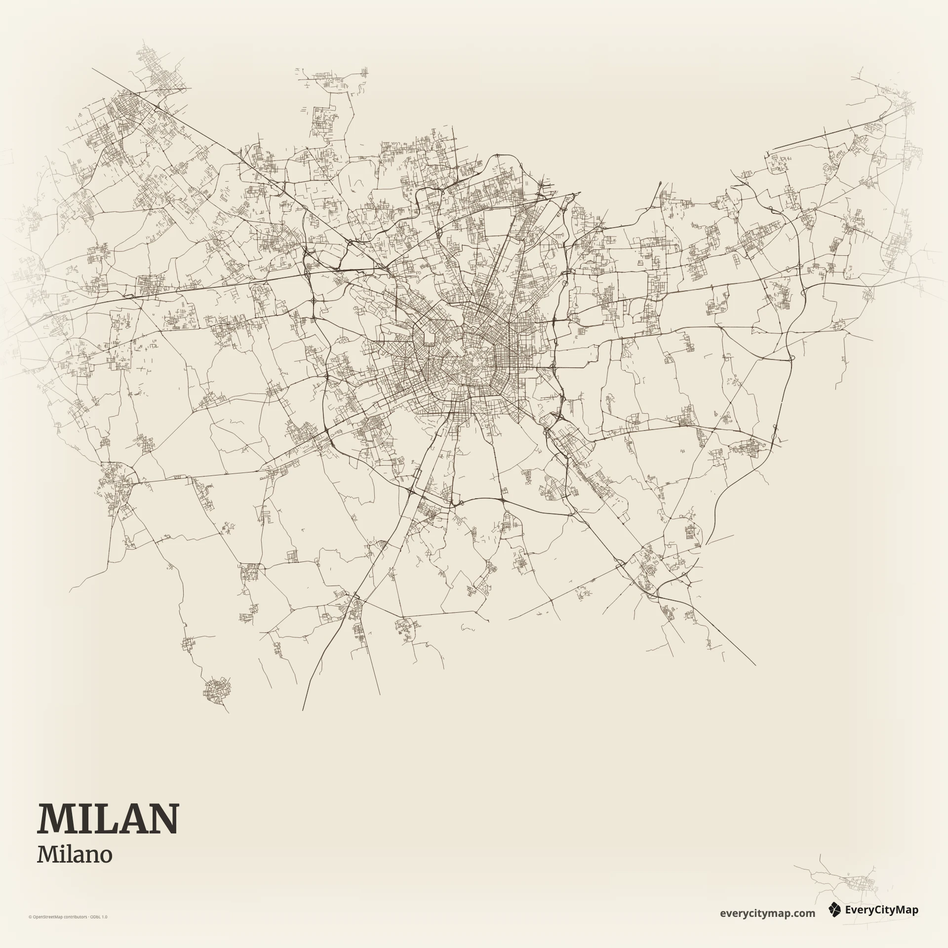Milan map showing concentric rings, radial avenues, canal traces, and dense central streets