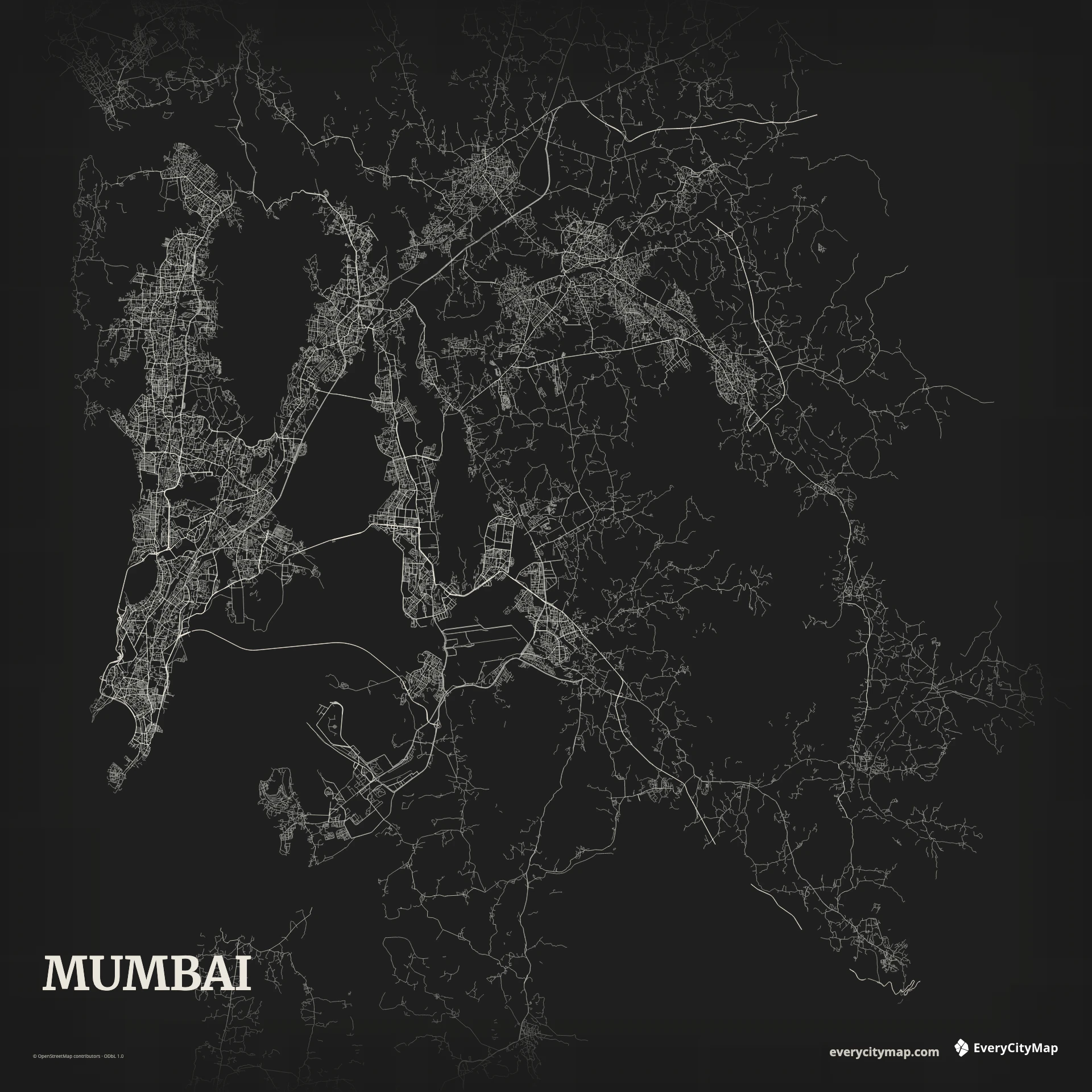Mumbai map showing peninsula coast, bays, creeks, north-south rail spine, and dense street network