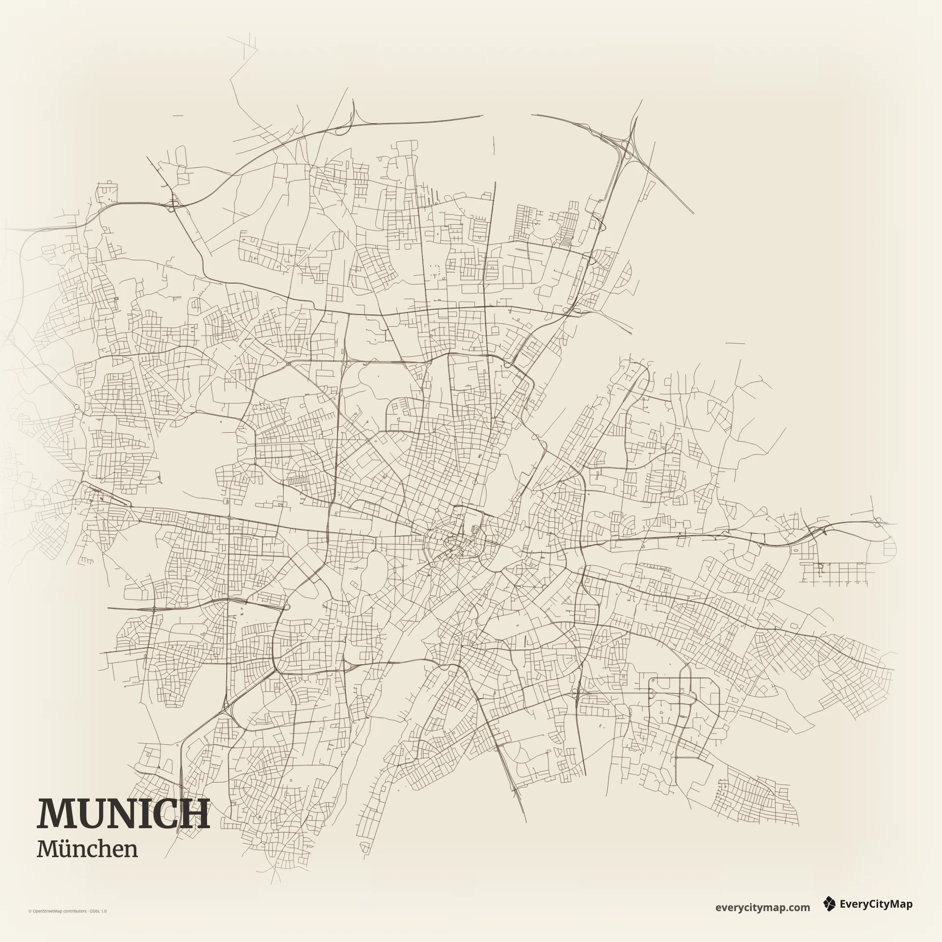 Munich map showing historic core, radial avenues, ring roads, Isar River, and green corridors