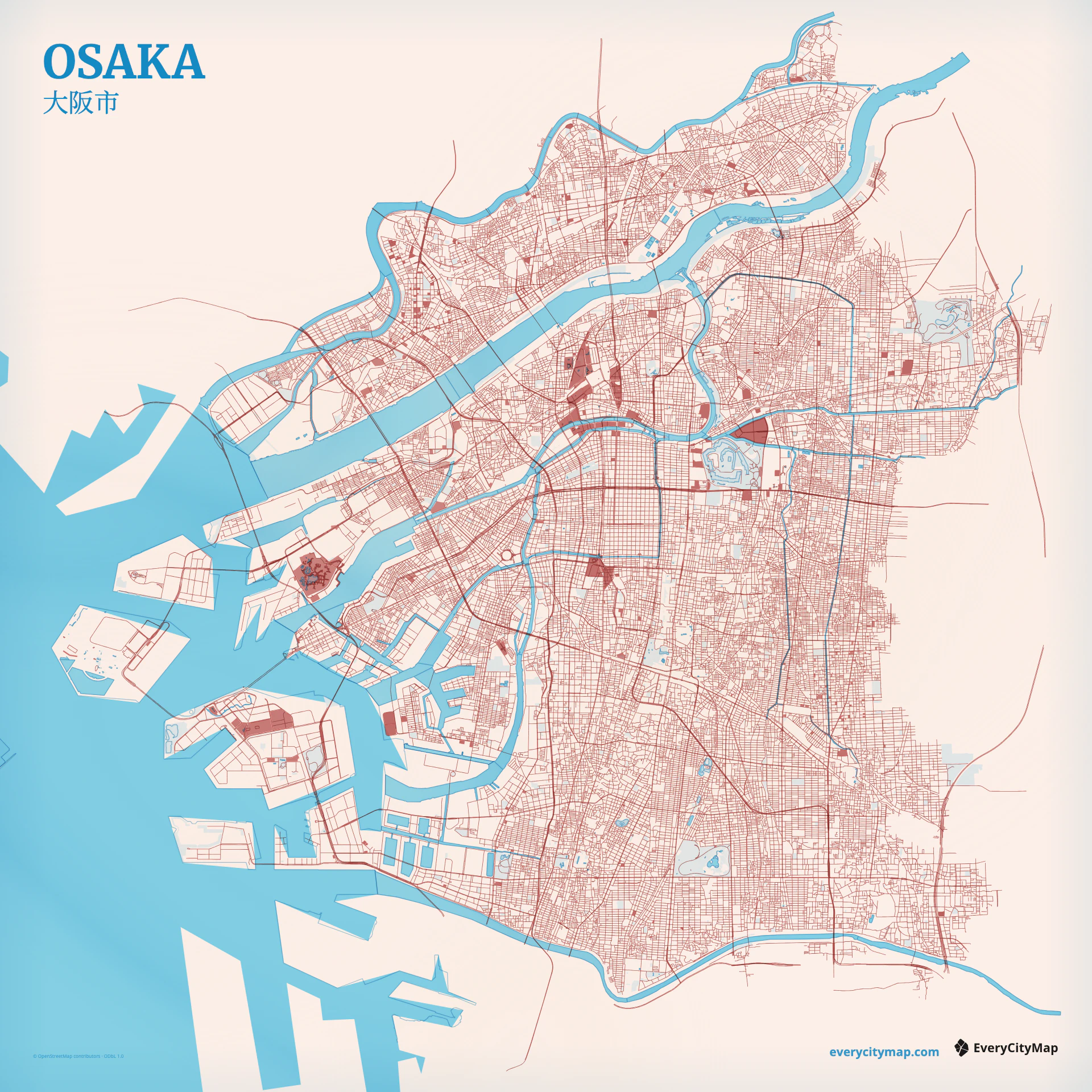 Osaka map showing Osaka Bay, river branches, canals, port basins, and dense orthogonal streets