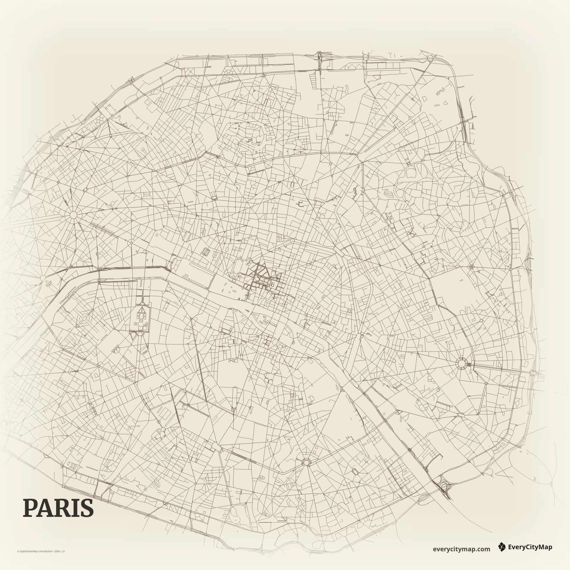 Paris map with the Seine, islands, boulevards, and neighborhood streets