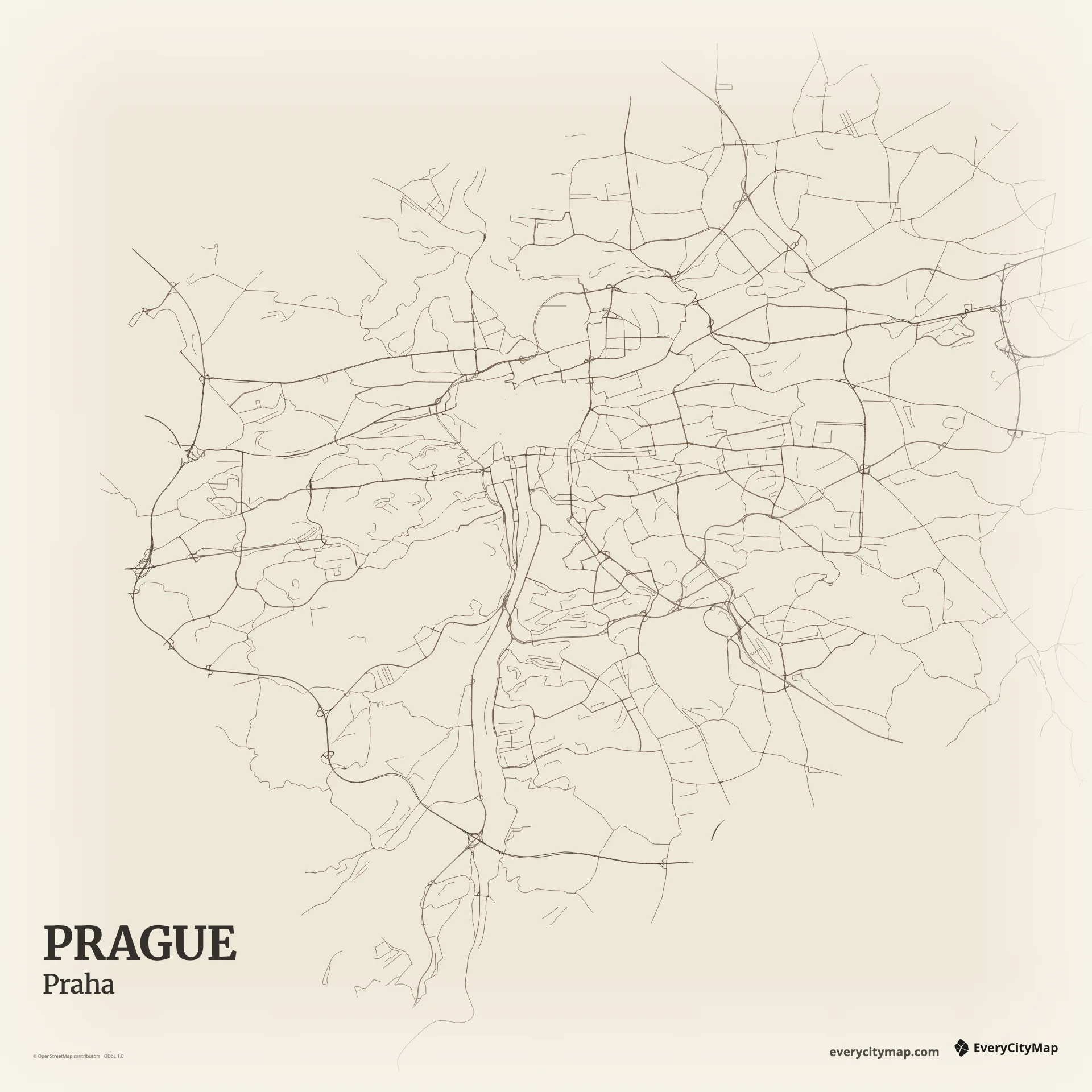 Prague map showing Vltava River bends, historic center, bridges, hills, and radial outer roads