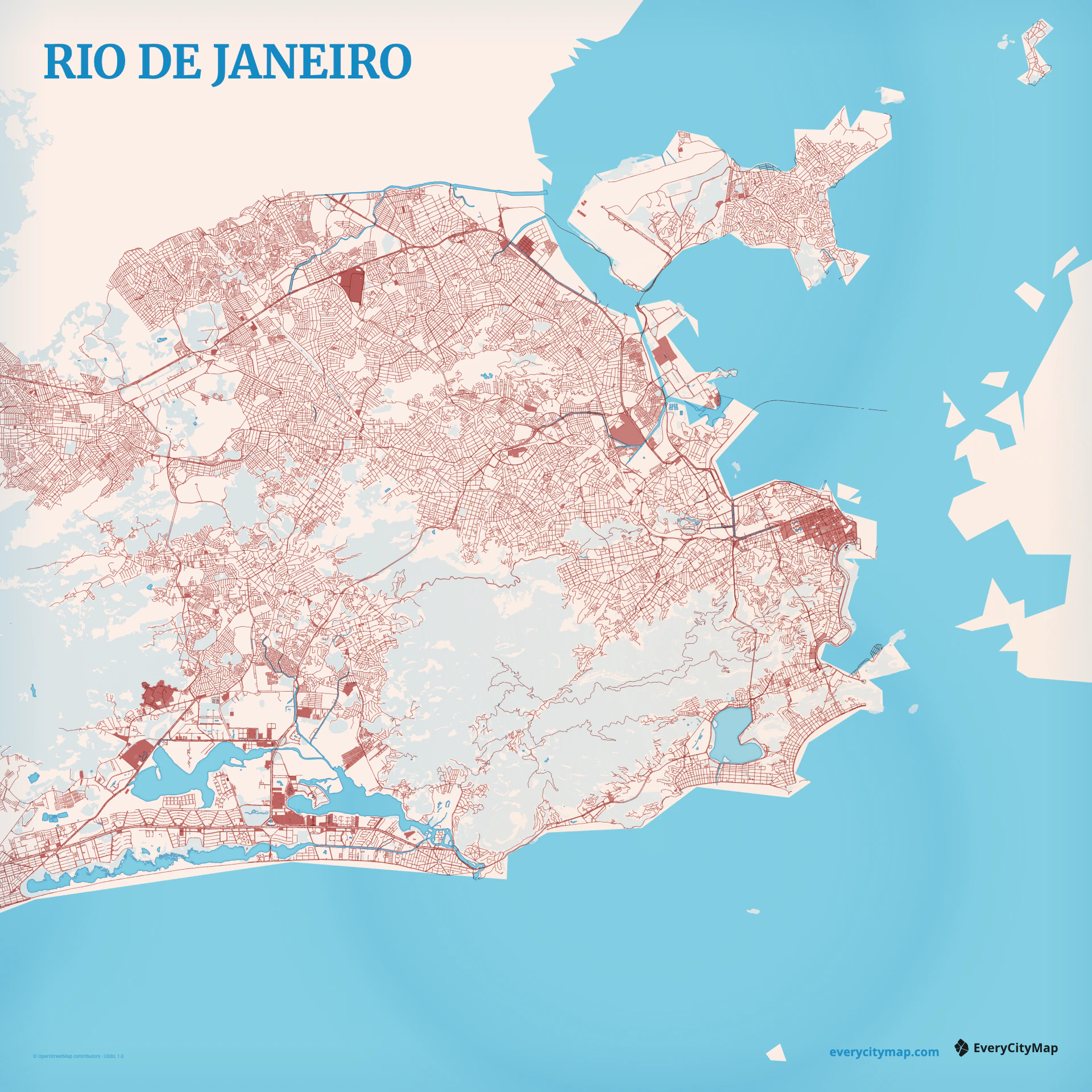 Rio de Janeiro map showing Guanabara Bay, ocean coast, lagoon, mountain gaps, and coastal roads