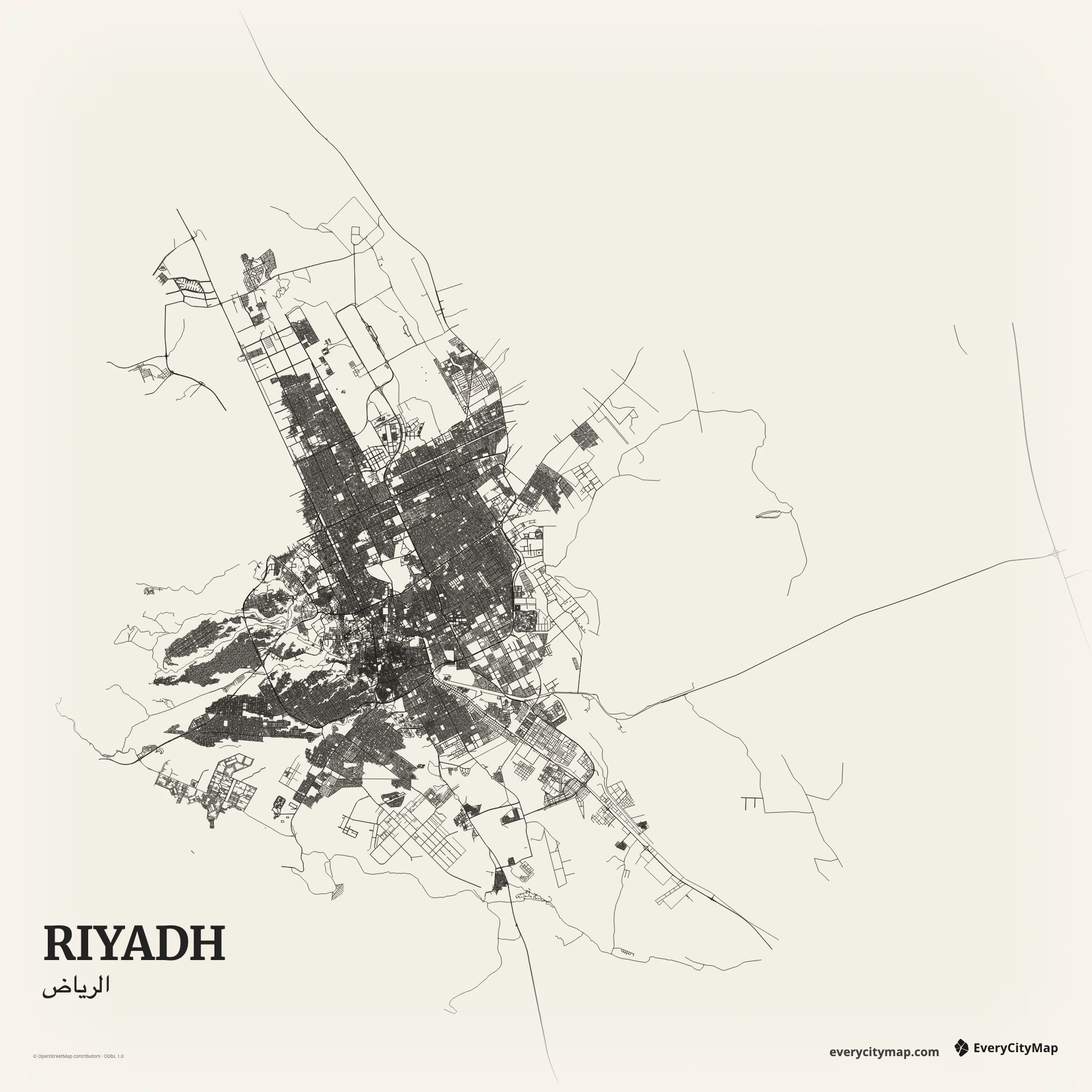 Riyadh map showing ring roads, arterial grid, large interchanges, wadi cuts, and desert expansion