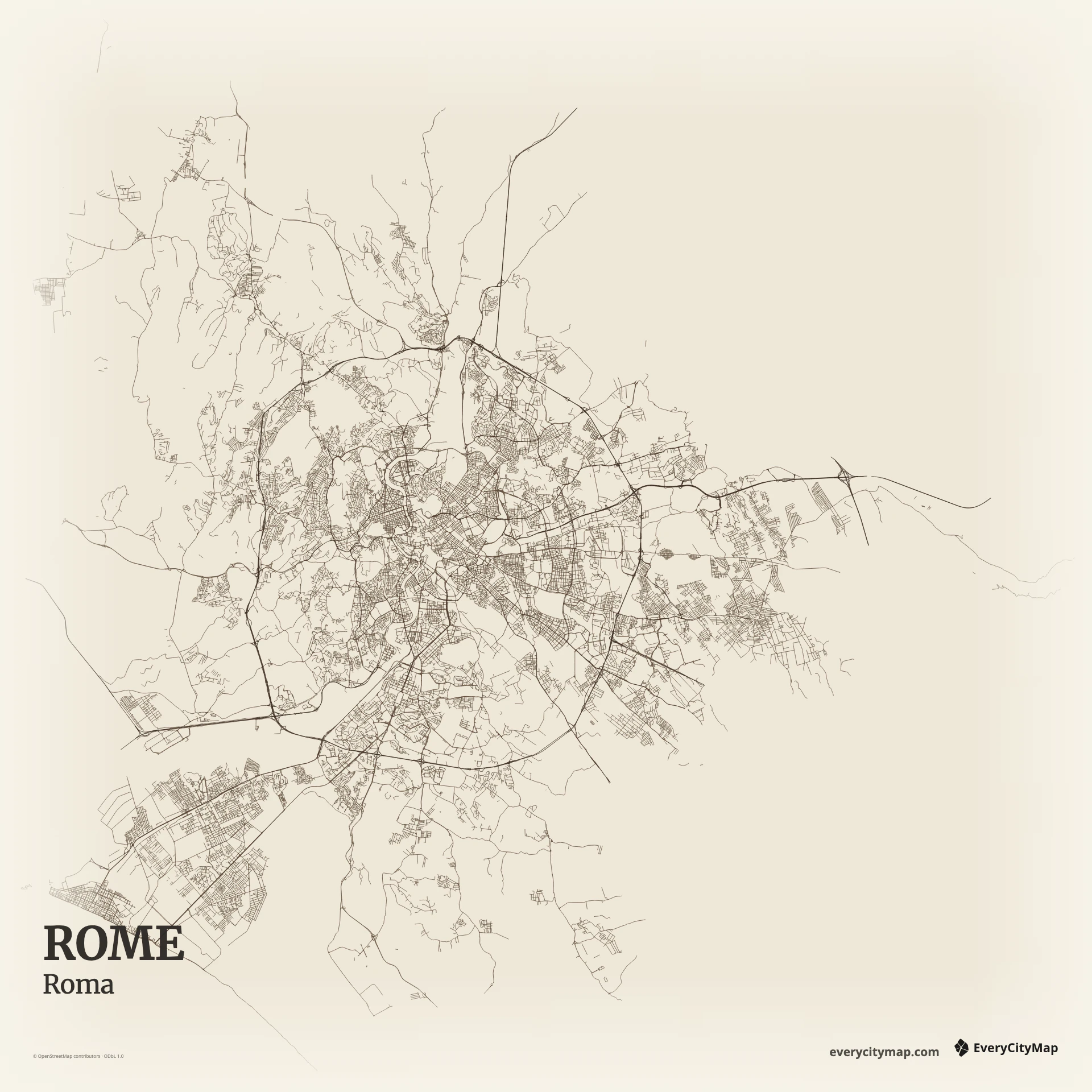 Rome map with the Tiber, historic streets, radial roads, and parks