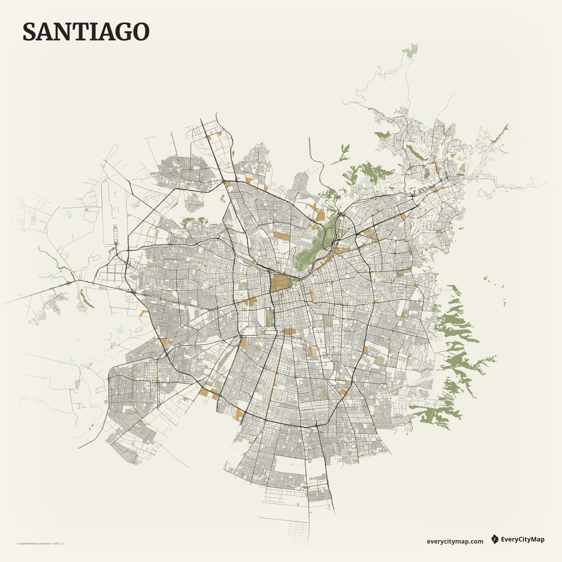 Santiago map showing Andes edge, Mapocho River, central grid, ring roads, and basin expansion