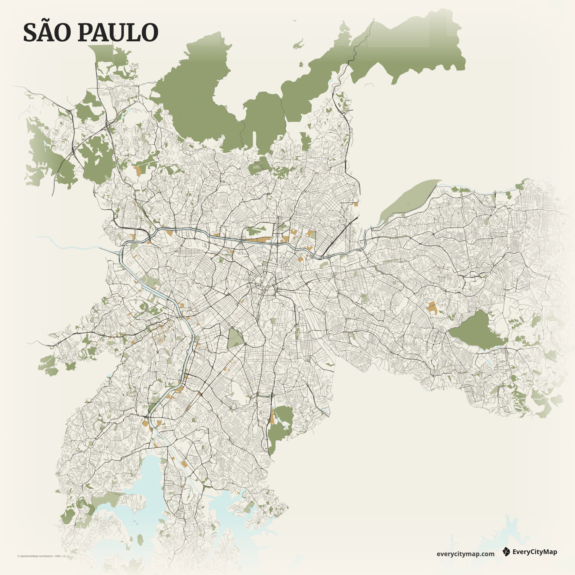São Paulo map showing dense street field, river corridors, ring routes, rolling terrain, and multiple centers